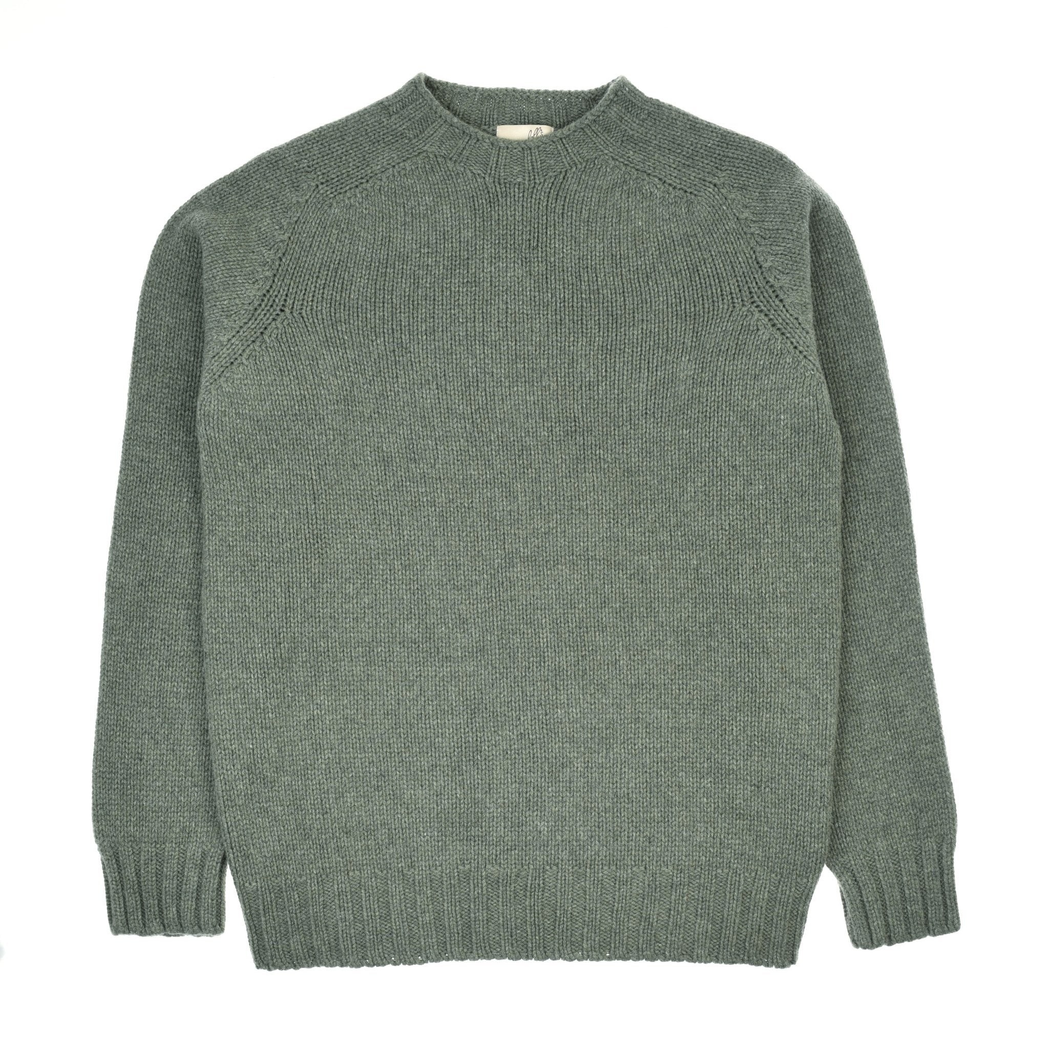The Campbells of Beauly Geelong Lambswool Chunky Crew Jumper in Moss is a plain, long-sleeved sweater with ribbed cuffs, hem, and neckline, shown laid flat on a white background for a classic look.