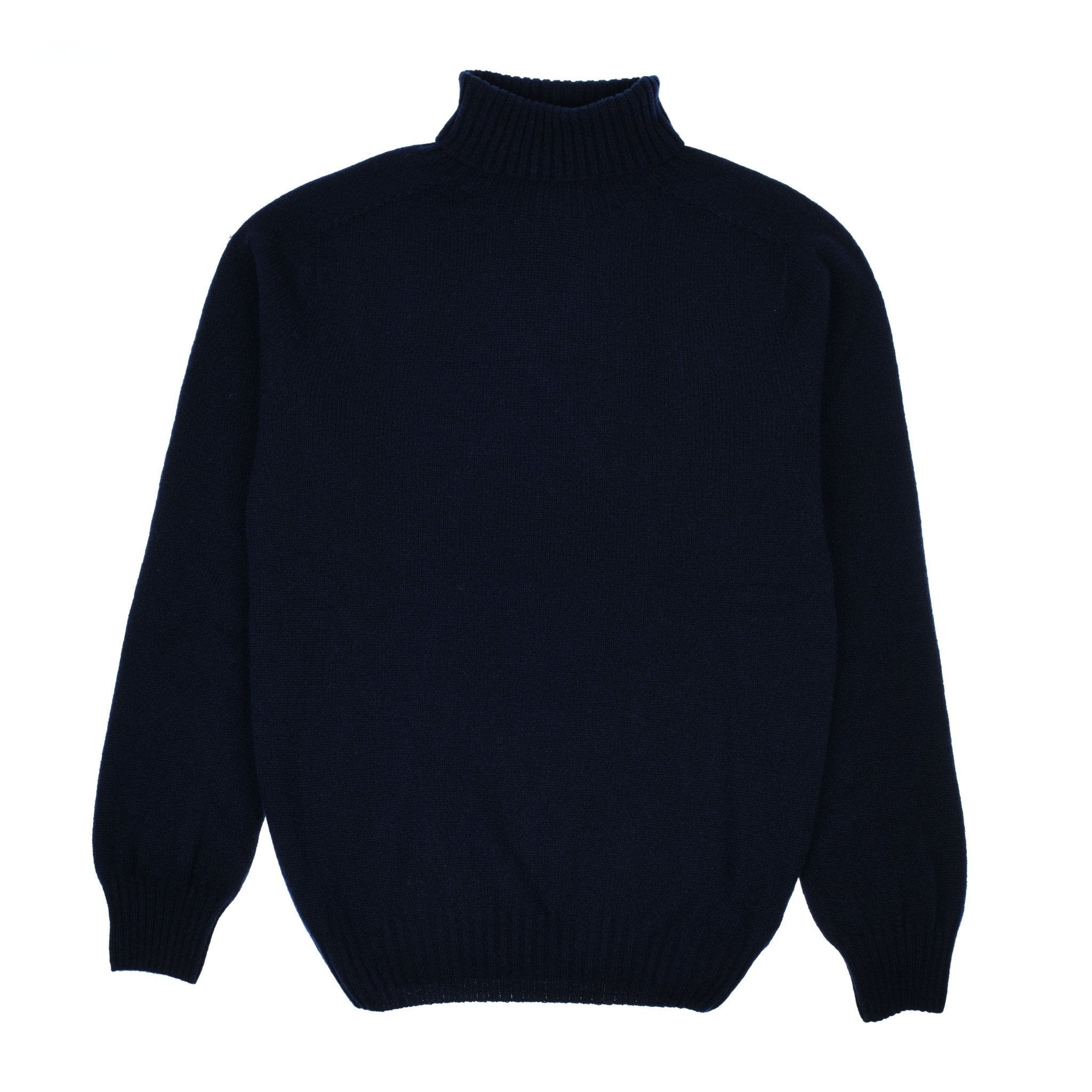 The Campbells of Beauly Lambswool Poloneck in Navy is a plain, long-sleeved sweater made from superfine lambswool, featuring ribbed cuffs, hem, and neckline—ideal for cozy layering. Laid flat against a white background.