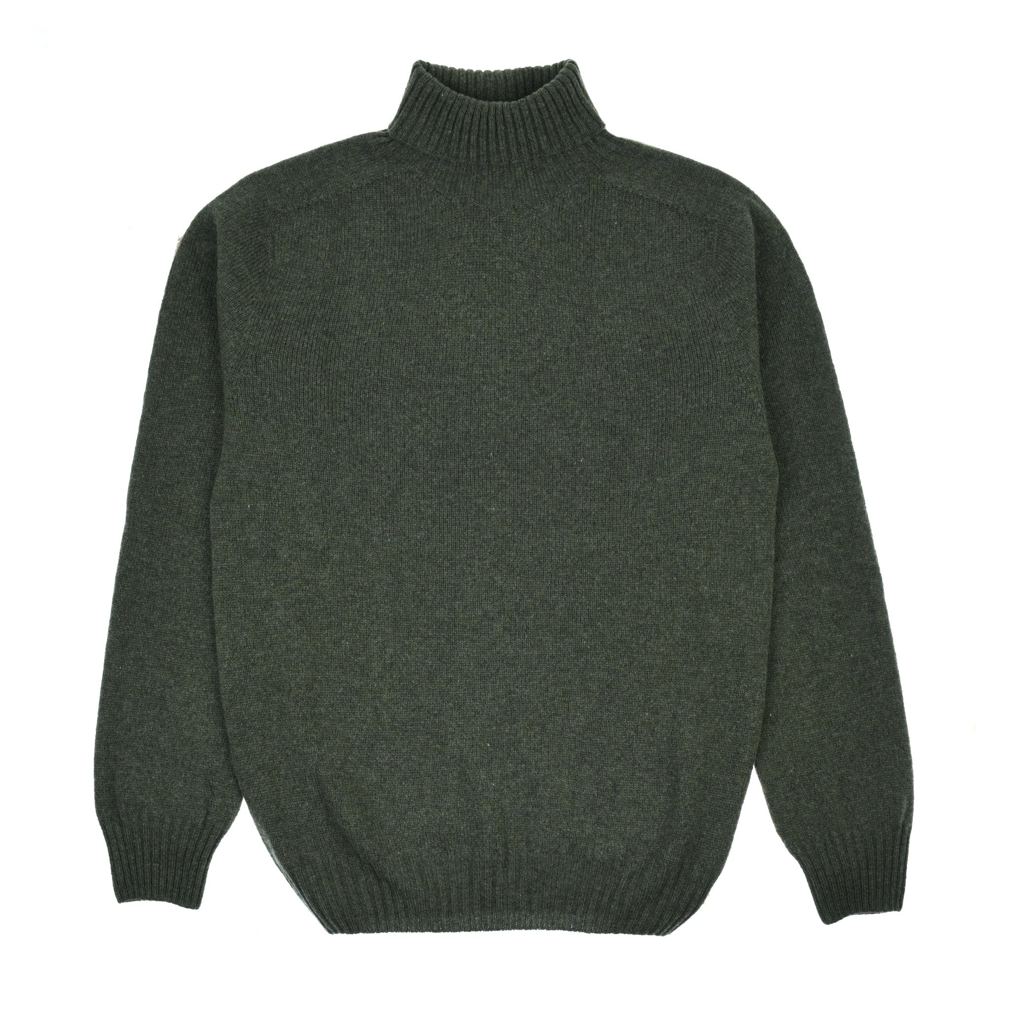 The Campbells of Beauly Lambswool Poloneck in Loden is a long-sleeved sweater crafted from superfine lambswool, featuring ribbed cuffs, hem, and a high neckline—perfect for layering. Shown laid flat on a white background.