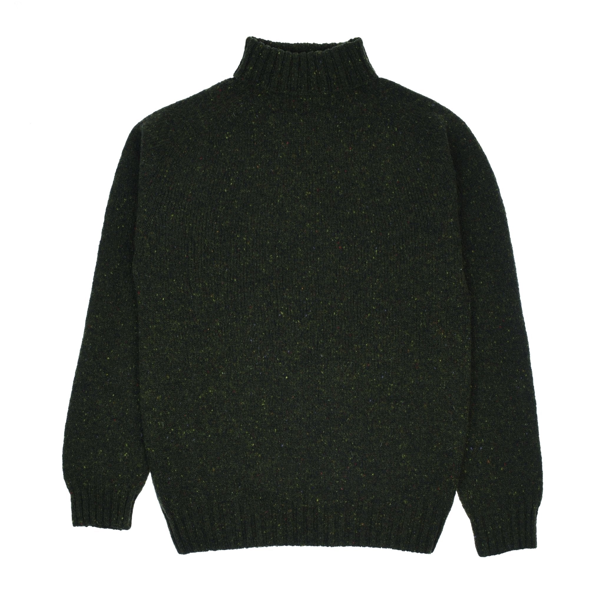 Campbells of Beauly Donegal Lambswool Poloneck in Harris: a dark green, long-sleeve sweater with ribbed turtleneck, cuffs, and hem. Soft lambswool ensures warmth and timeless style; shown laid flat on a white background.