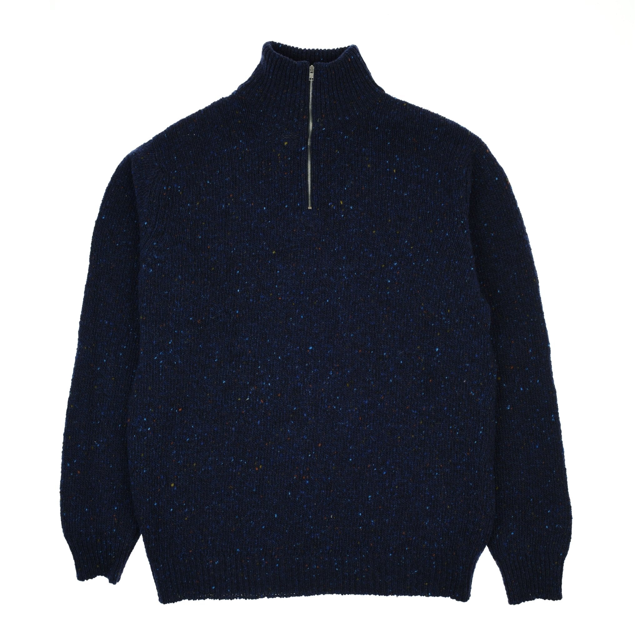 The Campbells of Beauly Donegal Lambswool Zip Neck Jumper in Sheridan features a dark blue speckled knit, long sleeves, ribbed high collar, and short front zipper—an essential addition to any country wardrobe.