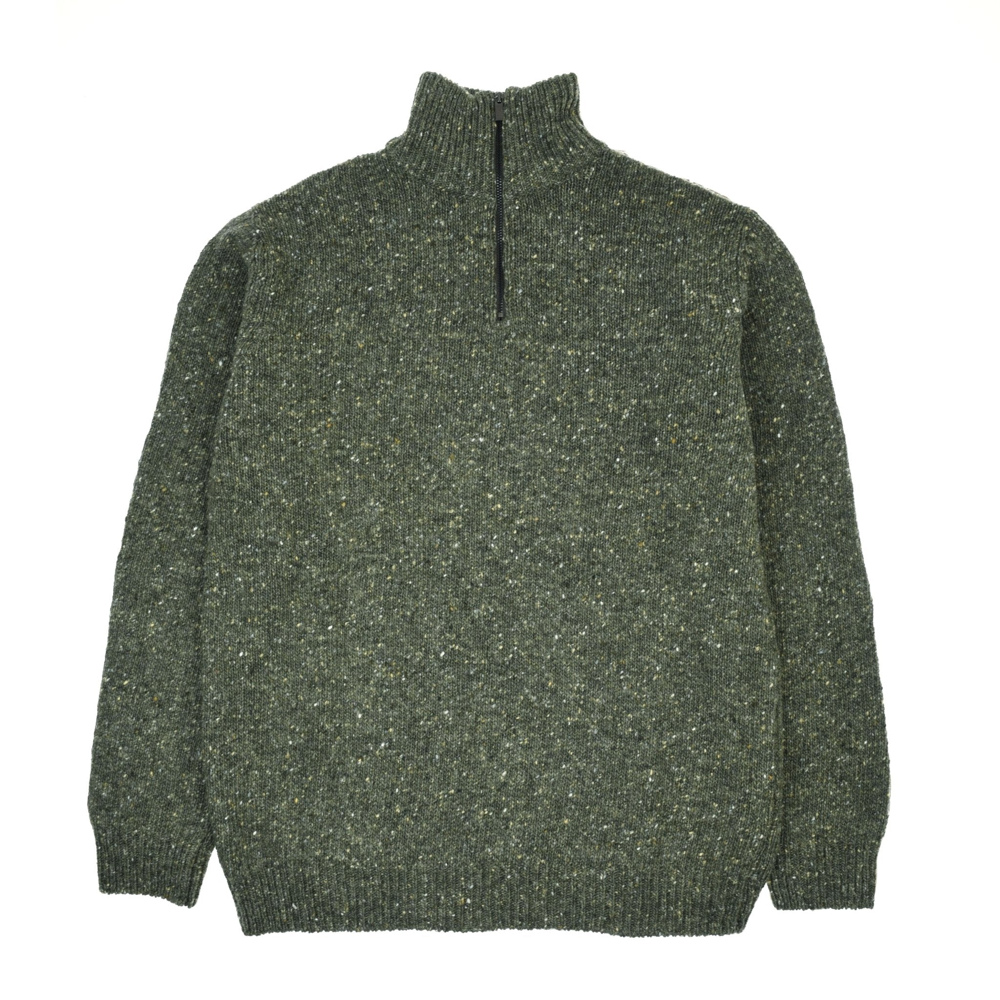 The Campbells of Beauly Donegal Lambswool Zip Neck Jumper in Moss is a dark green speckled knit sweater with a mock neck and quarter zip, shown laid flat on a white background.