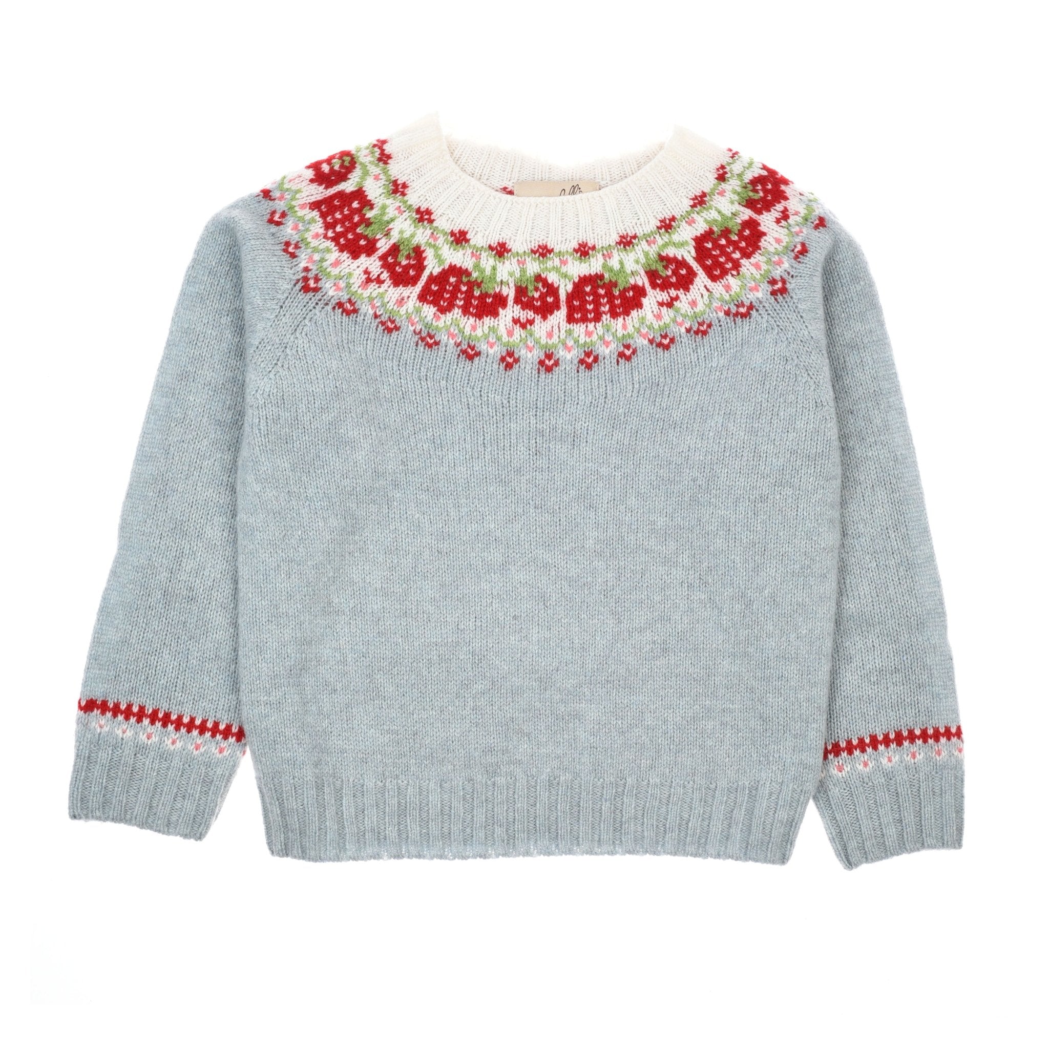The Campbells of Beauly Mini Strawberry Yoke Jumper in Haar features a Fairisle yoke-style strawberry design at the neckline, white ribbed collar, and red and white accents on the cuffs.