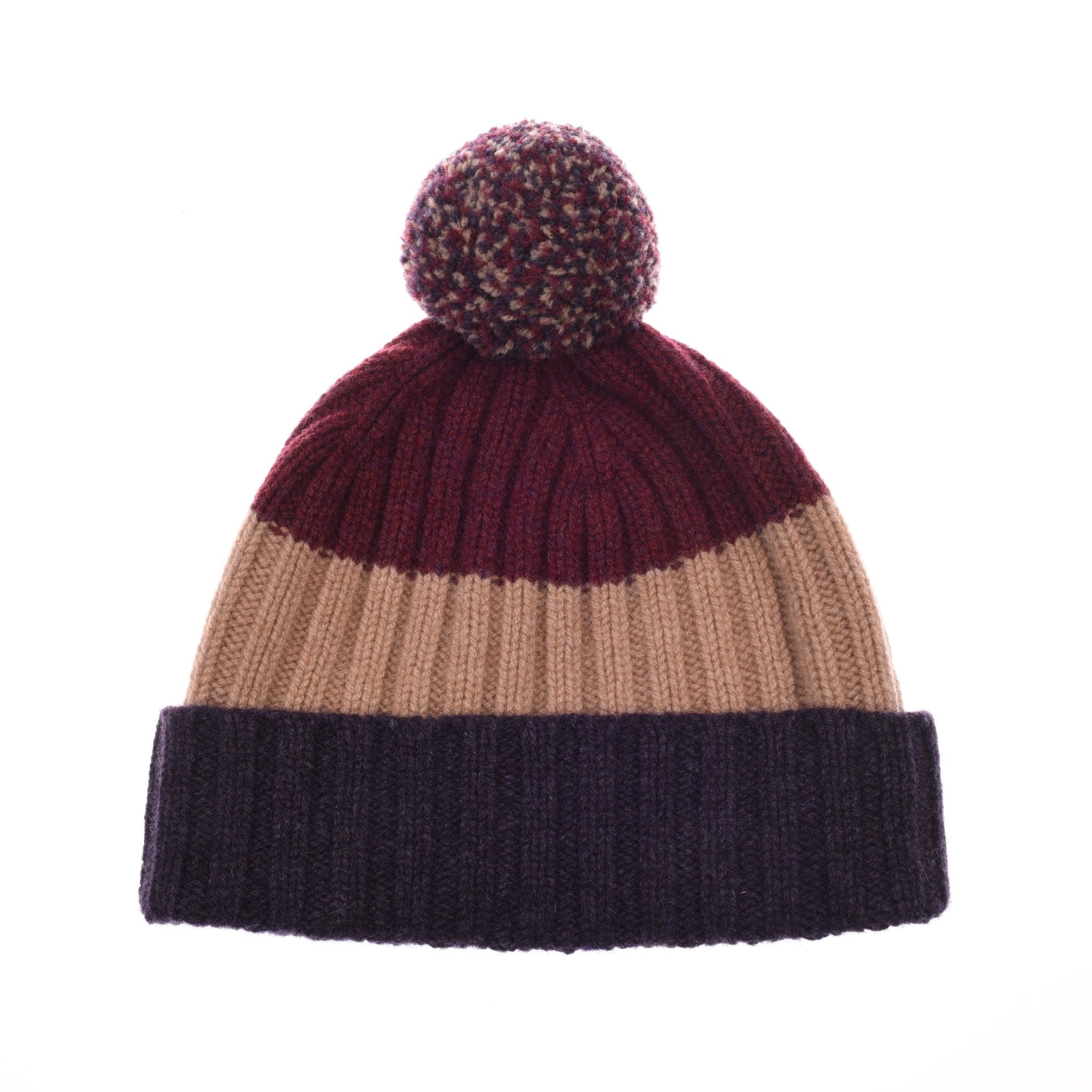 The Campbells of Beauly Lambswool Stripe Hat with Pom-Pom features cozy Elderberry stripes, inspired by the Scottish Borders traditional style.