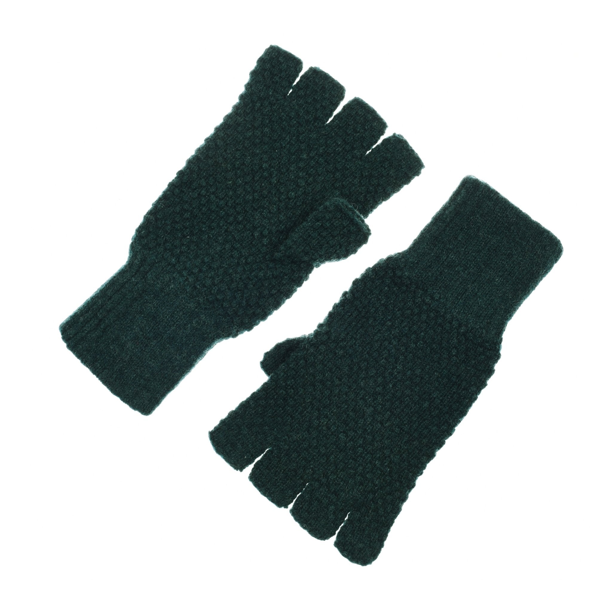 Campbells of Beauly Moss Stitch Half-Finger Gloves in pine, featuring a subtle moss stitch pattern, are laid flat on a white background.