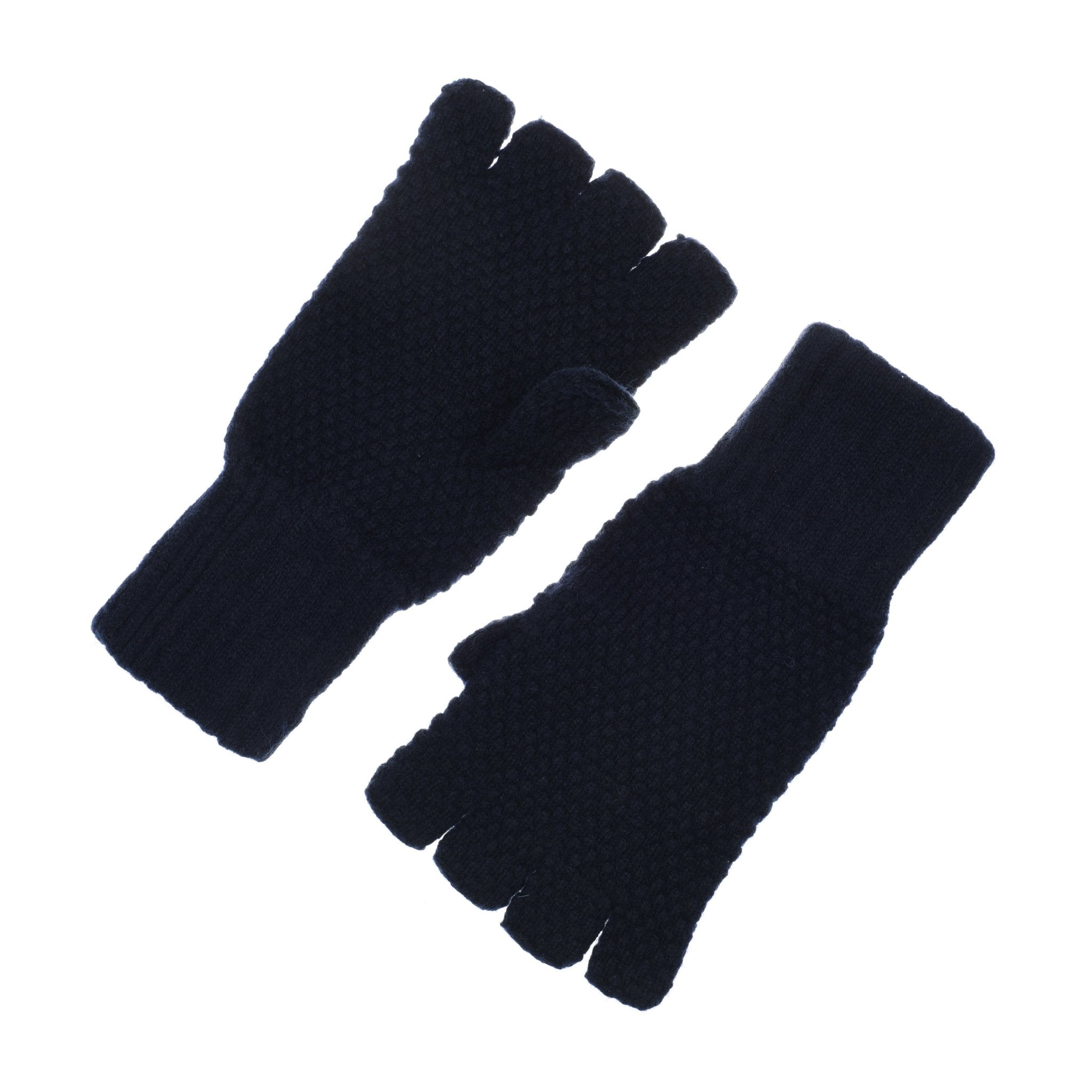 The Campbells of Beauly Moss Stitch Half-Finger Gloves in navy feature a textured moss stitch pattern—ideal as a winter essential. Shown on a white background.