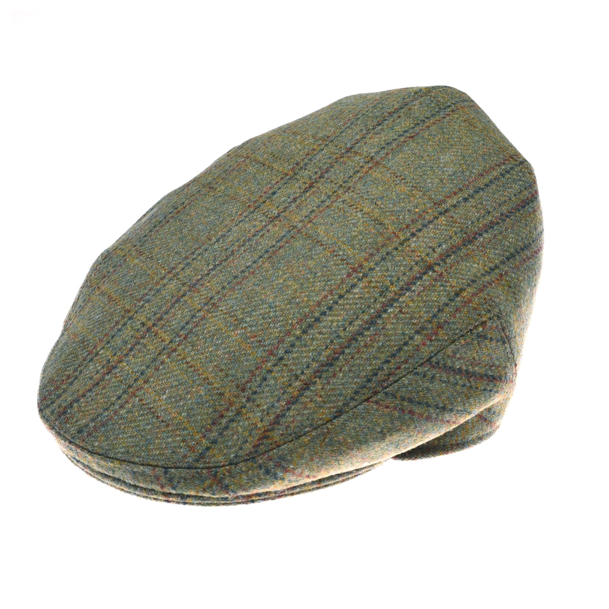 The Green Conon Cap by Campbells of Beauly features a green melange tweed with a subtle plaid pattern, crafted from authentic British tweed and shown on a white background.