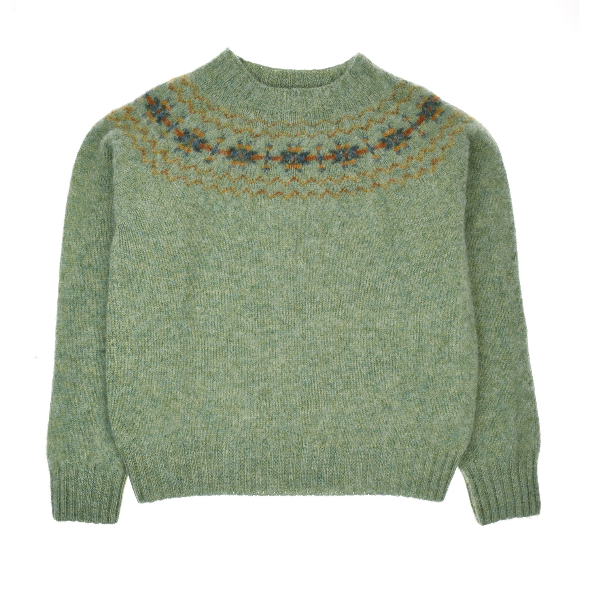 The Cropped Fairisle Crew by Campbells of Beauly is an aqua Pure New Wool jumper featuring a round neck, patterned yoke in blue, brown, and yellow, long sleeves, and ribbed cuffs and hem.