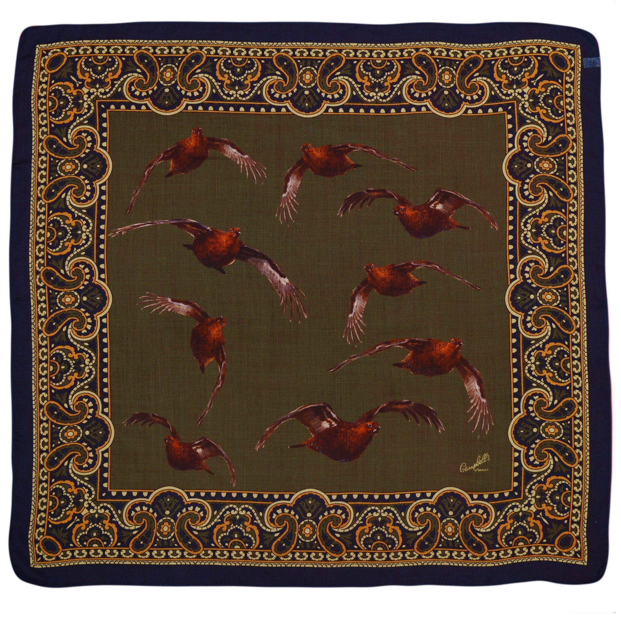 The Campbells of Beauly Wool & Silk Hank is a green square scarf with a dark decorative border, featuring gold and blue patterns, nine brown birds in flight, and elegant hand-rolled edges.