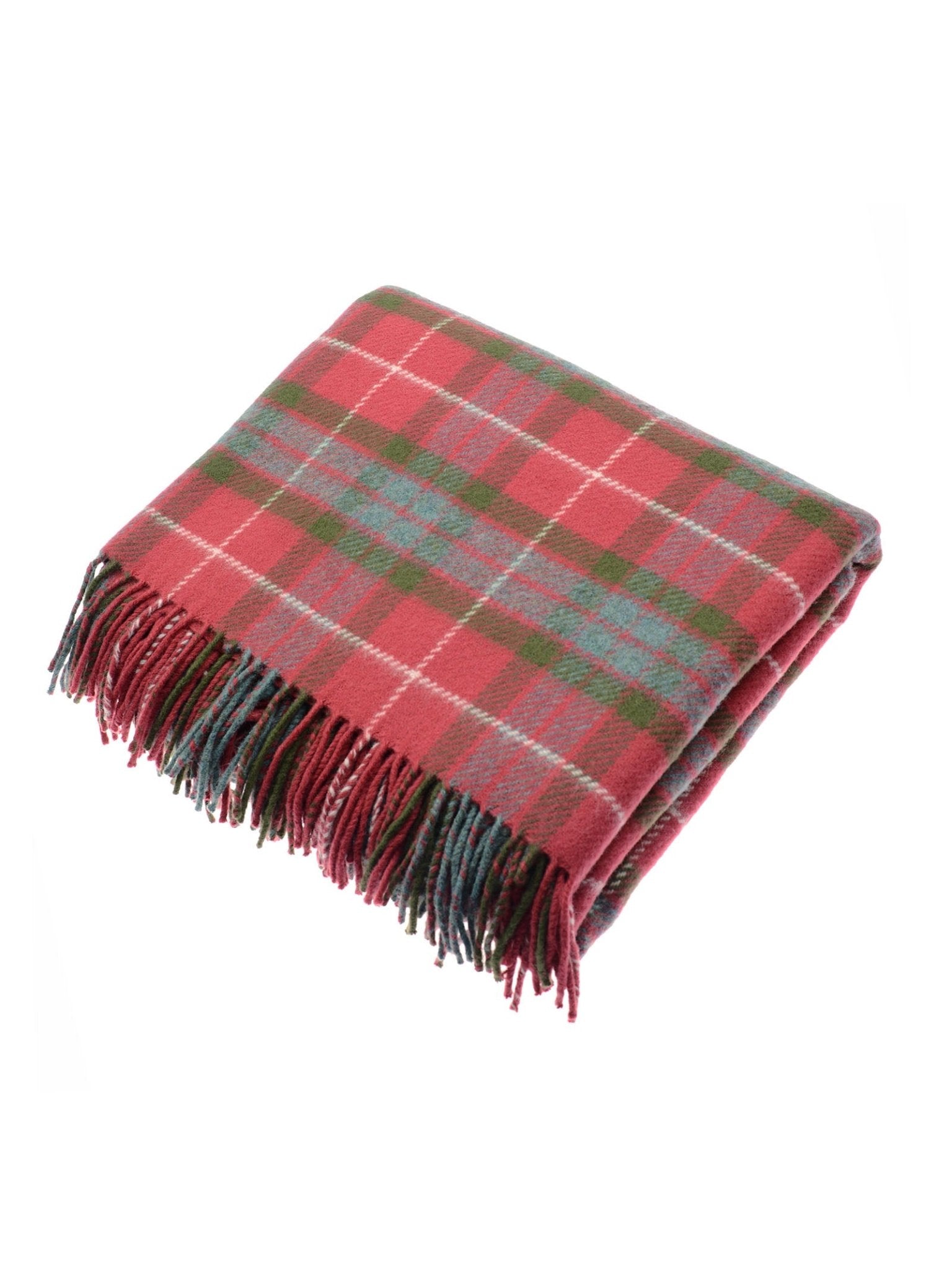 The Limited Edition Fraser Red Weathered Lambswool Throw by Campbell’s of Beauly, featuring fringed edges, is shown folded against a white background.