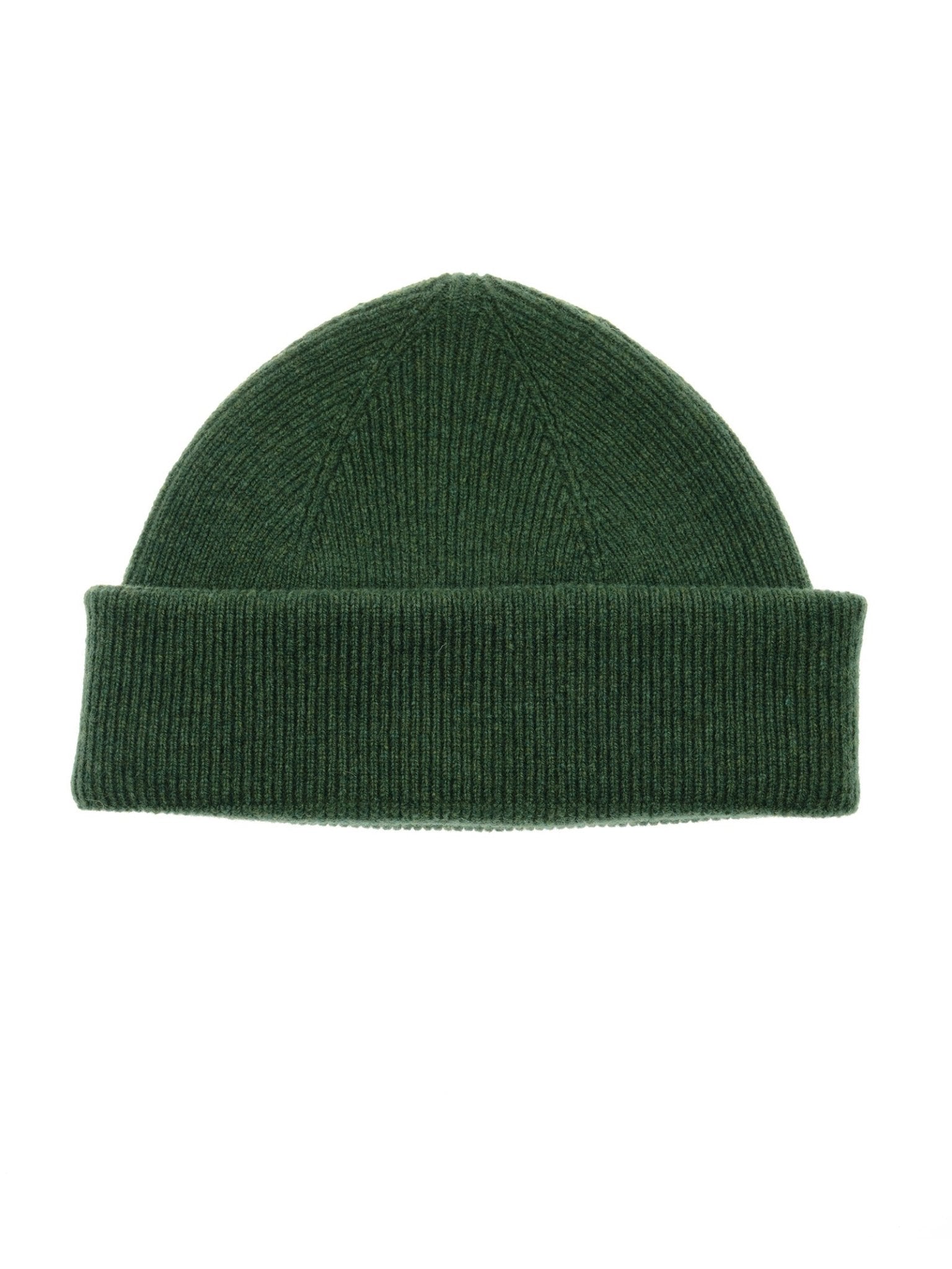 The Campbell's of Beauly Watchman Hat is a dark green ribbed knit lambswool hat with a folded brim—a cozy winter accessory inspired by the Scottish Borders, shown on a white background.