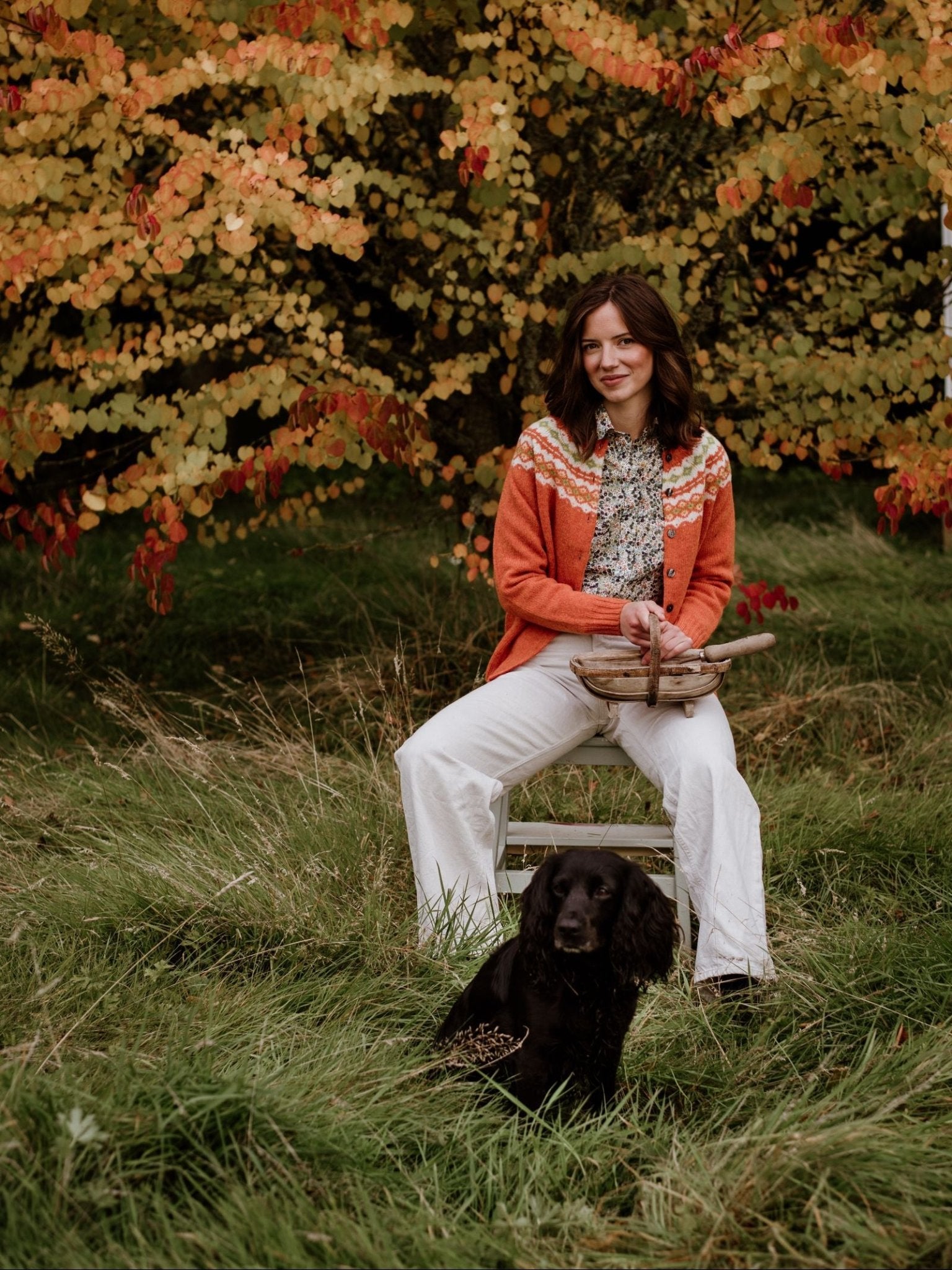 A woman in the Campbell's of Beauly Shetland Fairisle Cardigan and white pants sits on a chair in tall grass, holding antlers, with a black dog at her feet. A tree with yellow-orange autumn leaves stands behind her.