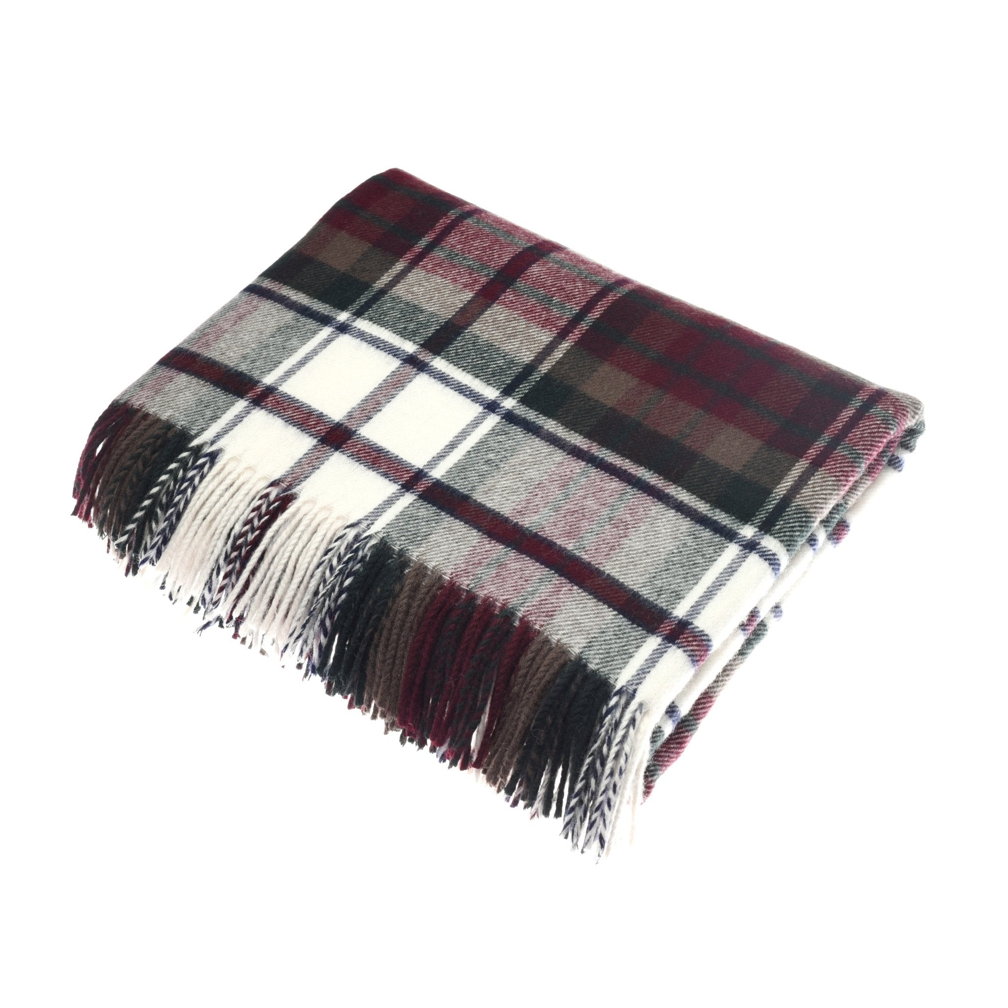 The Campbells of Beauly Dress Macduff Tartan Lambswool Blanket features red, white, green, and black stripes with a multi-colored fringe. Woven in Yorkshire, it is shown folded on a white background.