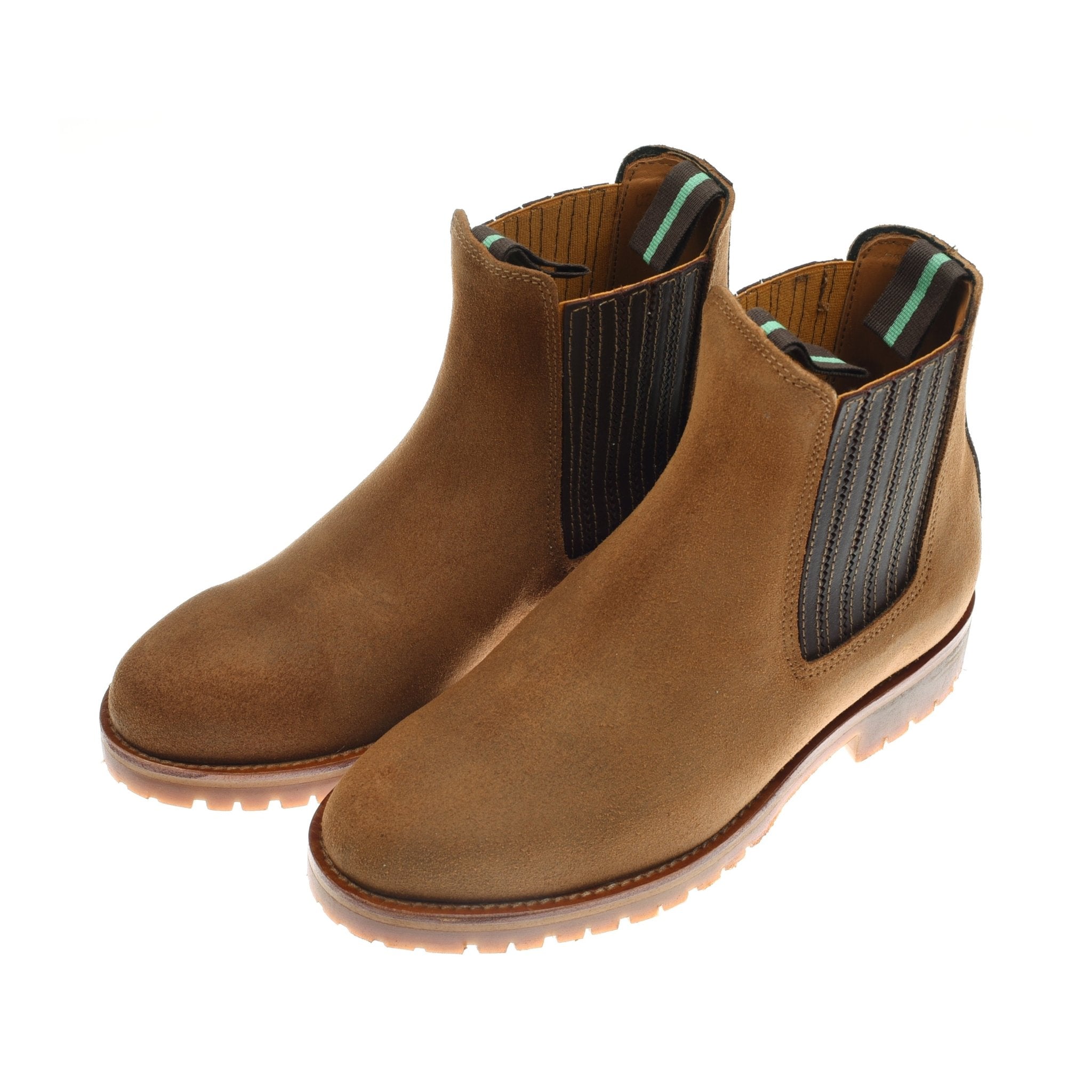 Campbells of Beauly Leather Chelsea Boots in brown suede, featuring black elastic side panels and a durable rubber sole, are shown photographed on a white background.