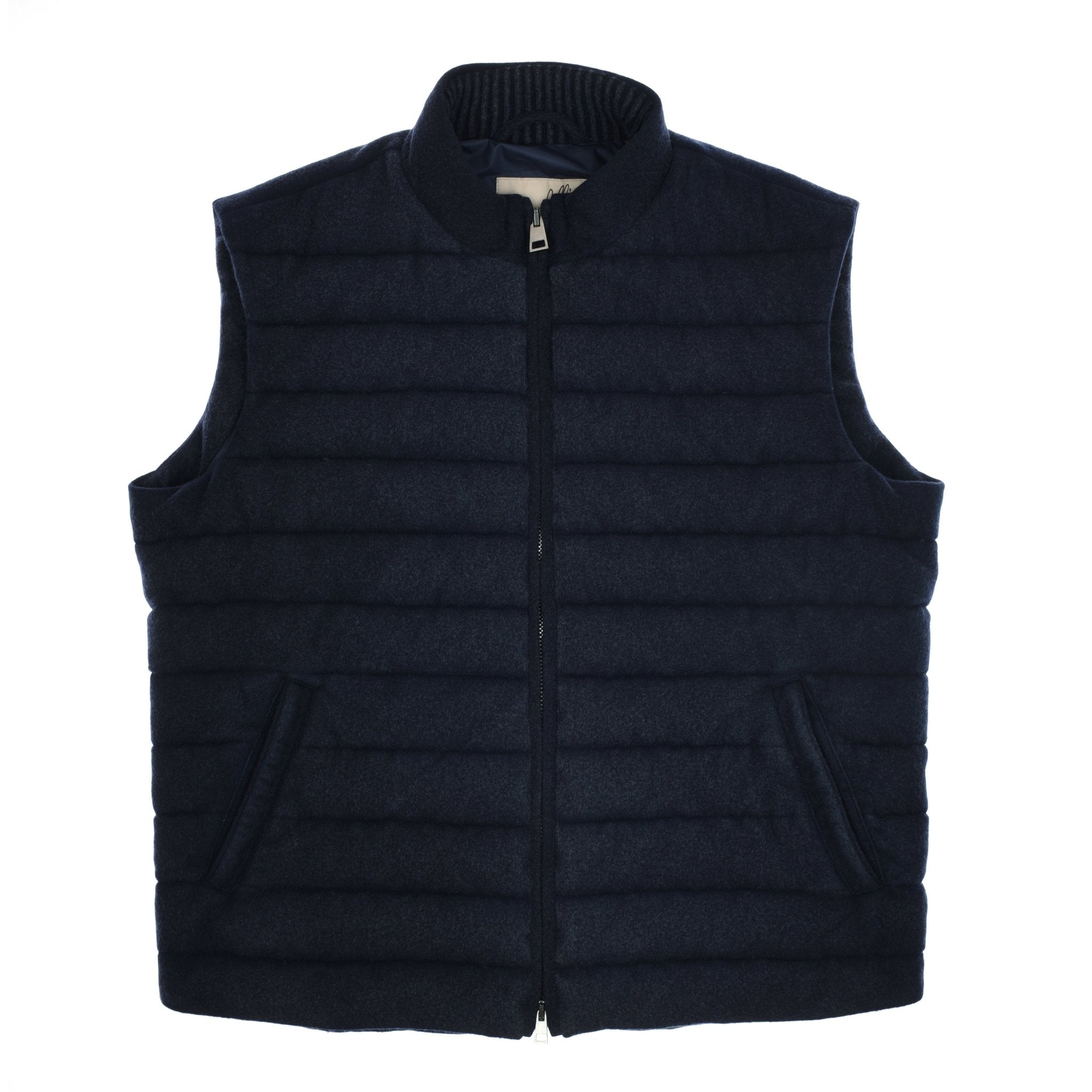 The Campbells of Beauly Quilted Navy Zip Gilet features a sleeveless design, horizontal stitching, zip front, and two side pockets—ideal for layering in any season. Shown in navy against a white background.