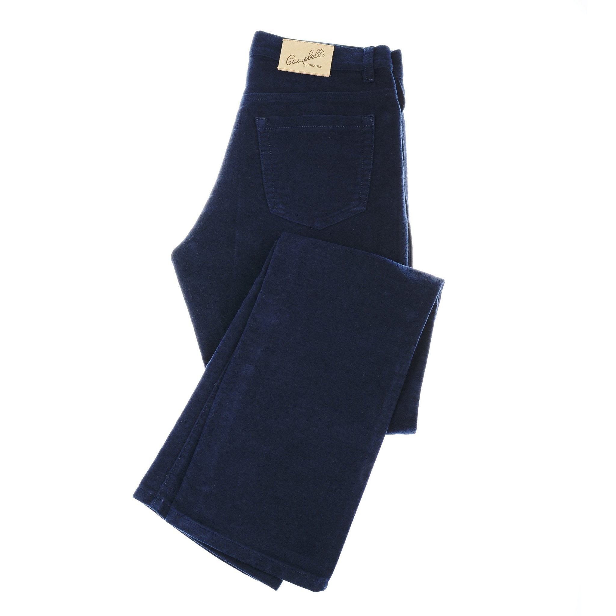 A pair of folded Campbells of Beauly Moleskin Jeans in navy, featuring a visible back pocket and tan brand label on the waistband, crafted from traditional moleskin cloth and shown on a white background.