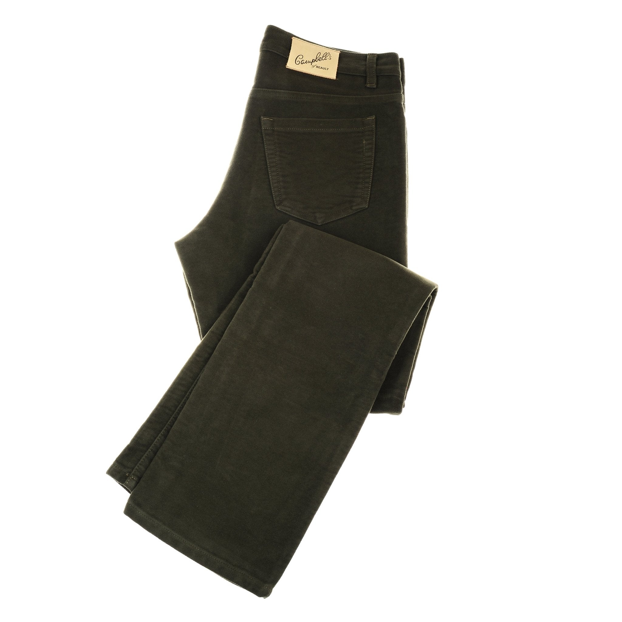 A neatly folded pair of Campbells of Beauly Olive Moleskin Jeans, featuring a visible back pocket and tan waistband label, crafted from traditional moleskin cloth and displayed against a white background.