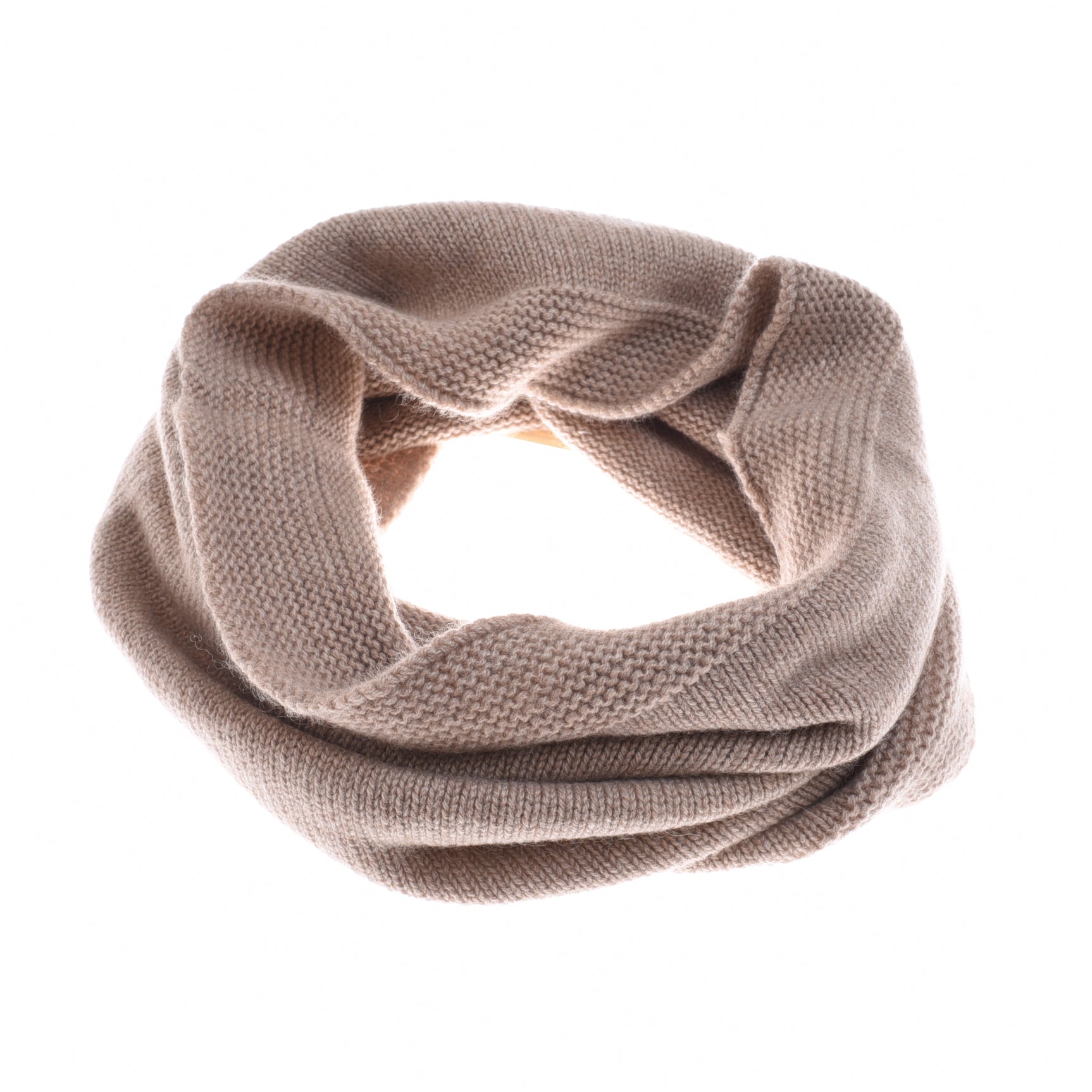 The Campbells of Beauly Cashmere Snood, shown looped on a white background, features visible moss stitch knits that emphasize its soft warmth and timeless style.