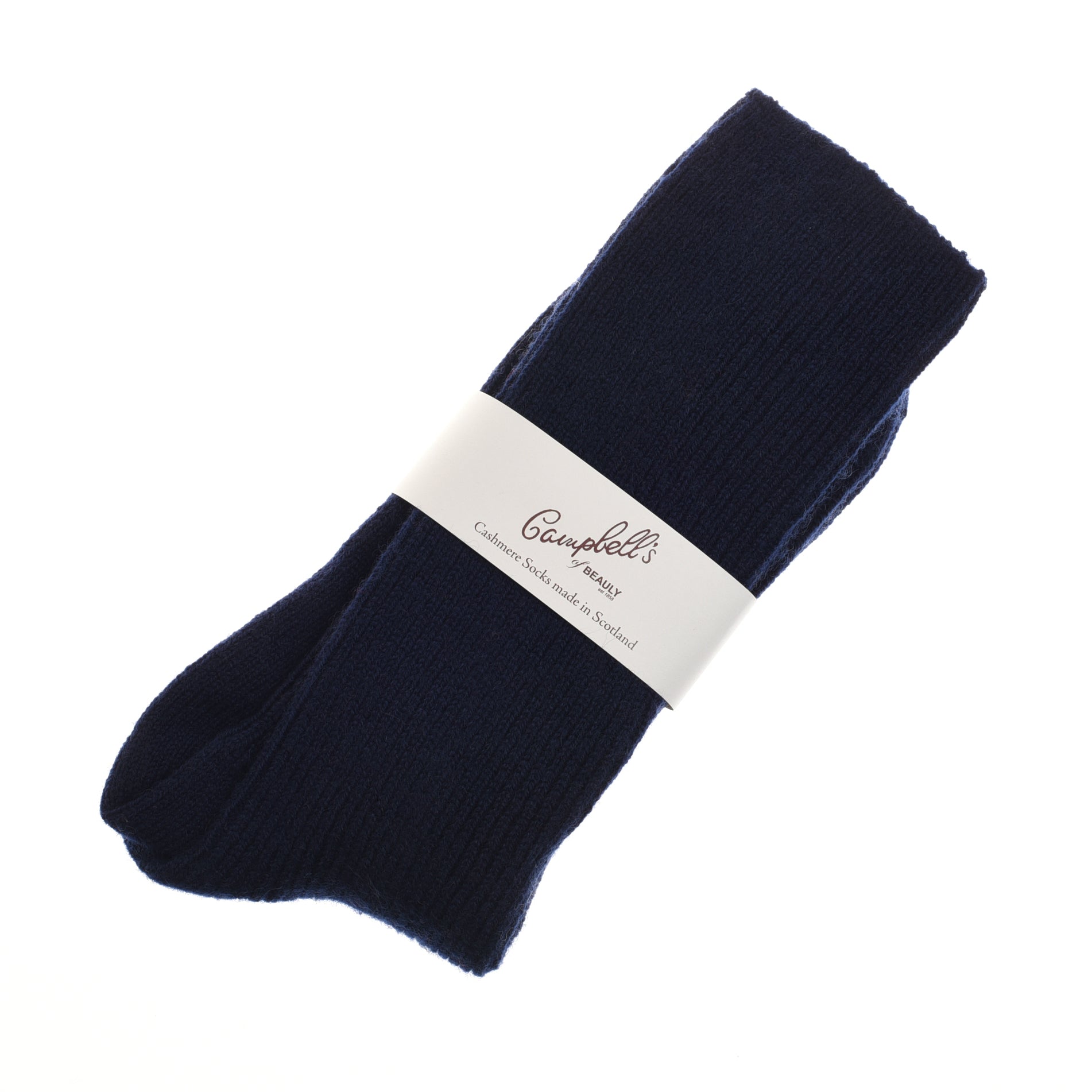 A pair of navy Plain Cashmere Socks by Campbells of Beauly, neatly folded with a white label on a white background—an ideal luxury gift from the Scottish Borders.