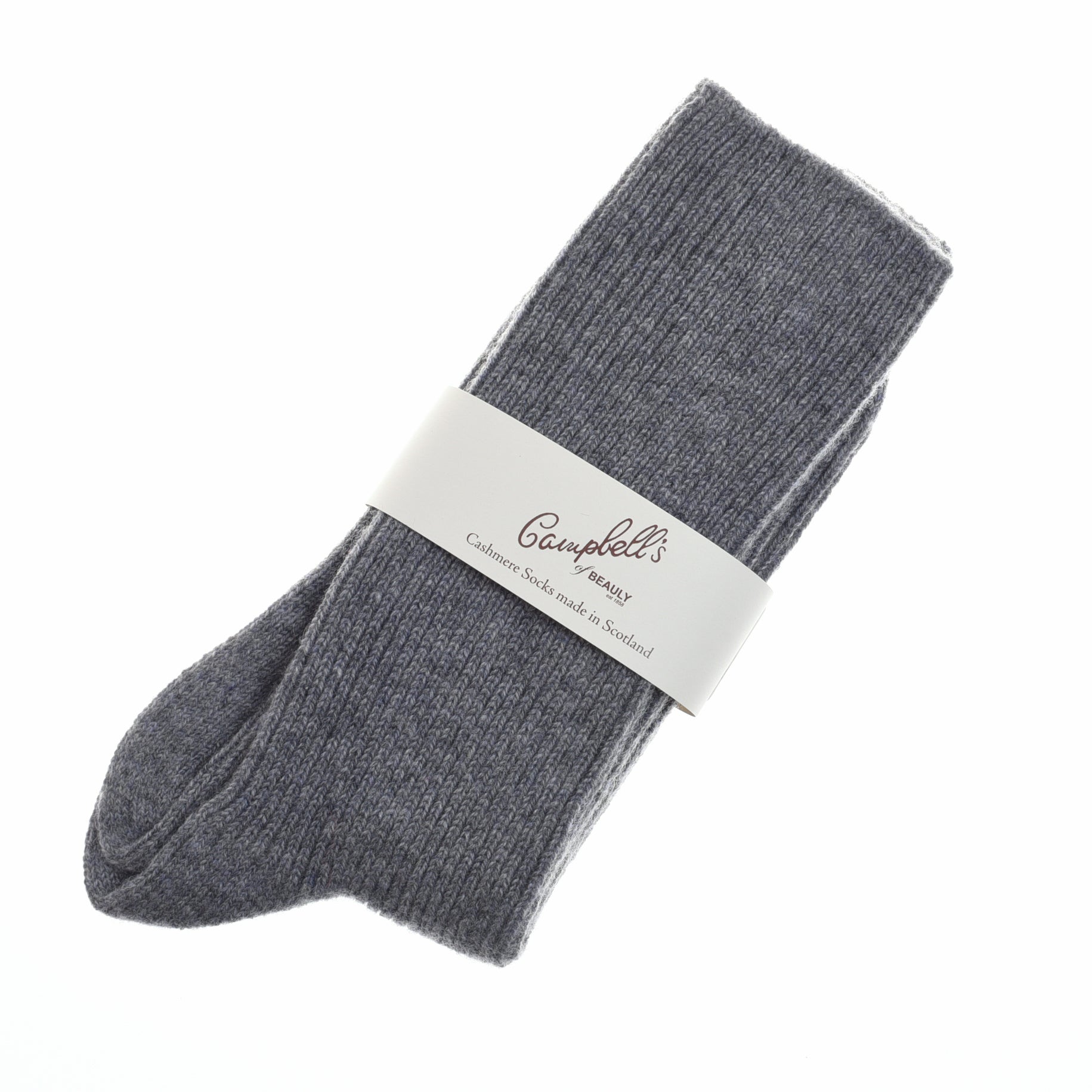 A pair of light grey Plain Cashmere Socks by Campbells of Beauly, wrapped with a white label stating Made in Scotland—a luxurious Scottish gift, displayed on a white background.