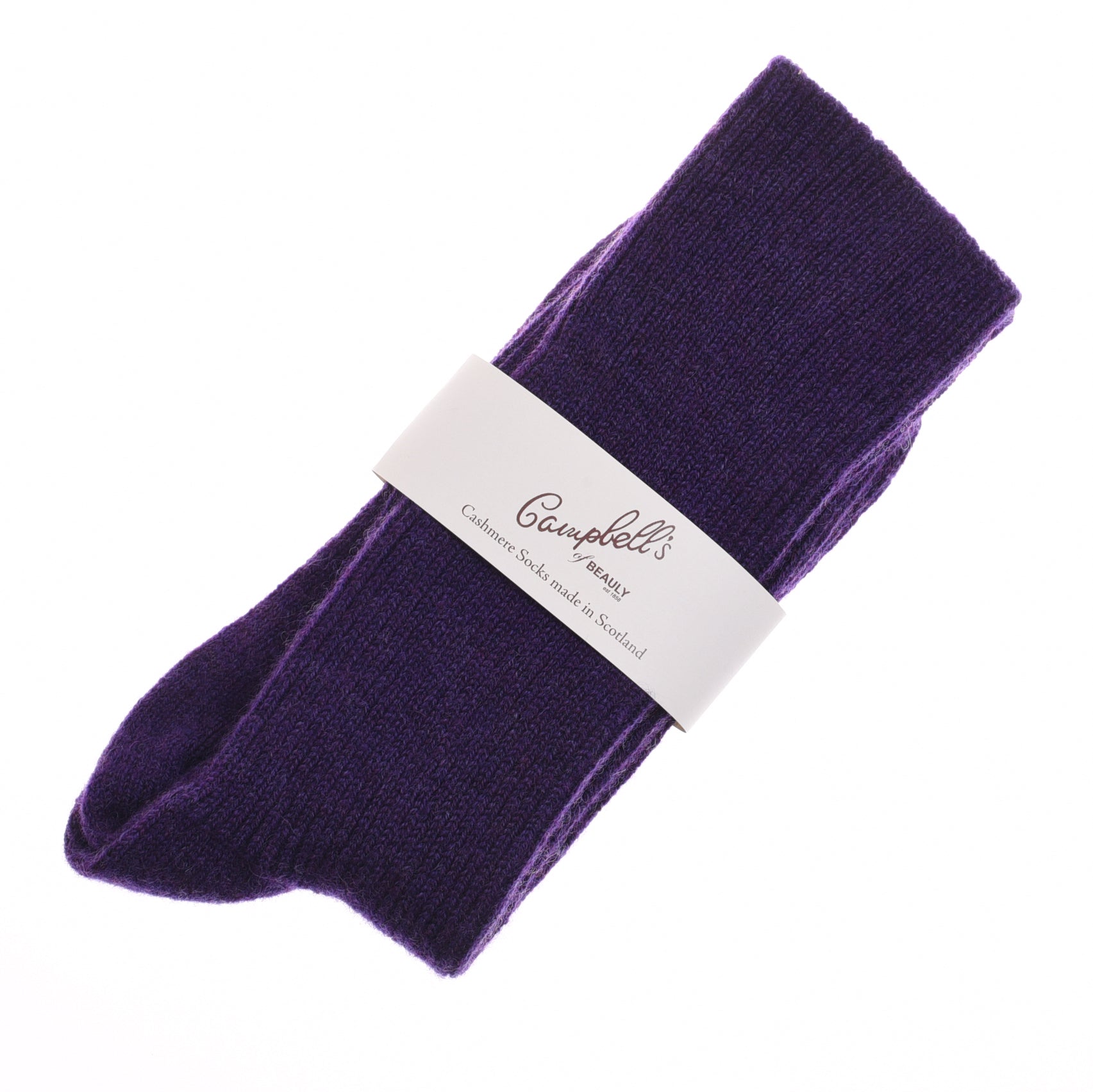 A pair of folded blackcurrant Plain Cashmere Socks by Campbells of Beauly, with a white Campbells label, displayed on a white background—an ideal luxury gift from the Scottish Borders.