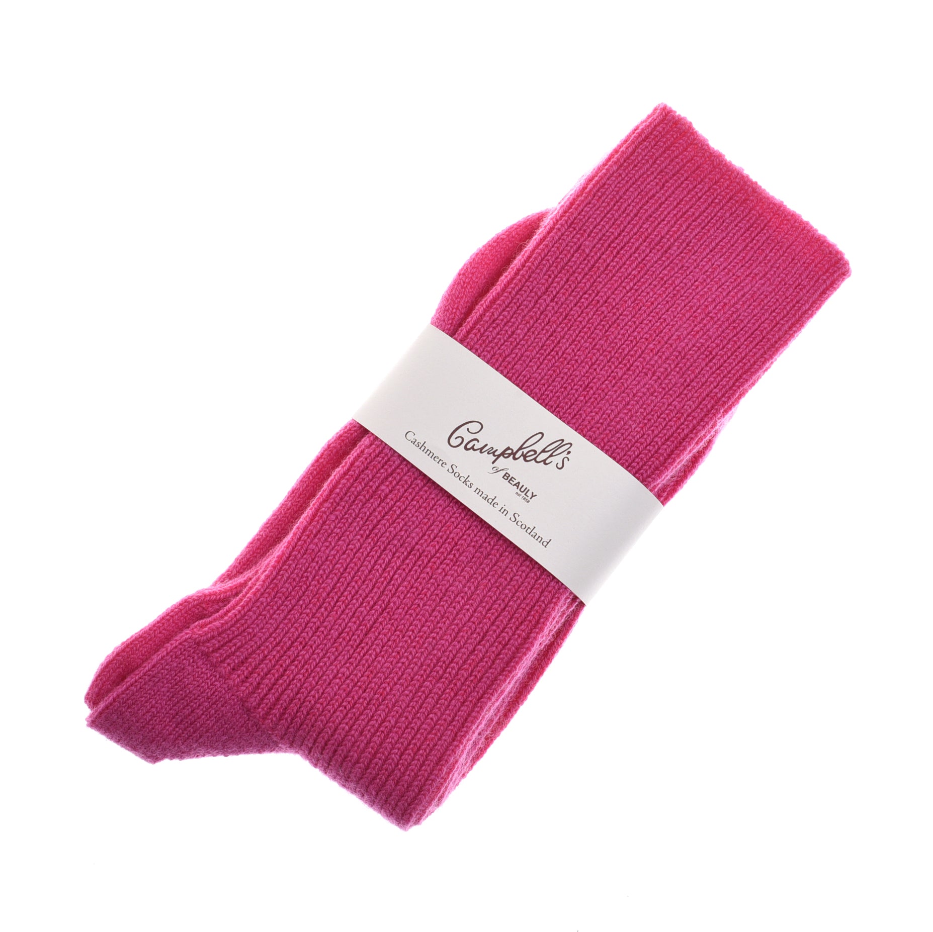 A pair of rose Plain Cashmere Socks by Campbells of Beauly, neatly folded with a branded label reading Campbells of Beauly Cashmere Socks, Made in Scotland—the perfect luxury gift from the Scottish Borders.