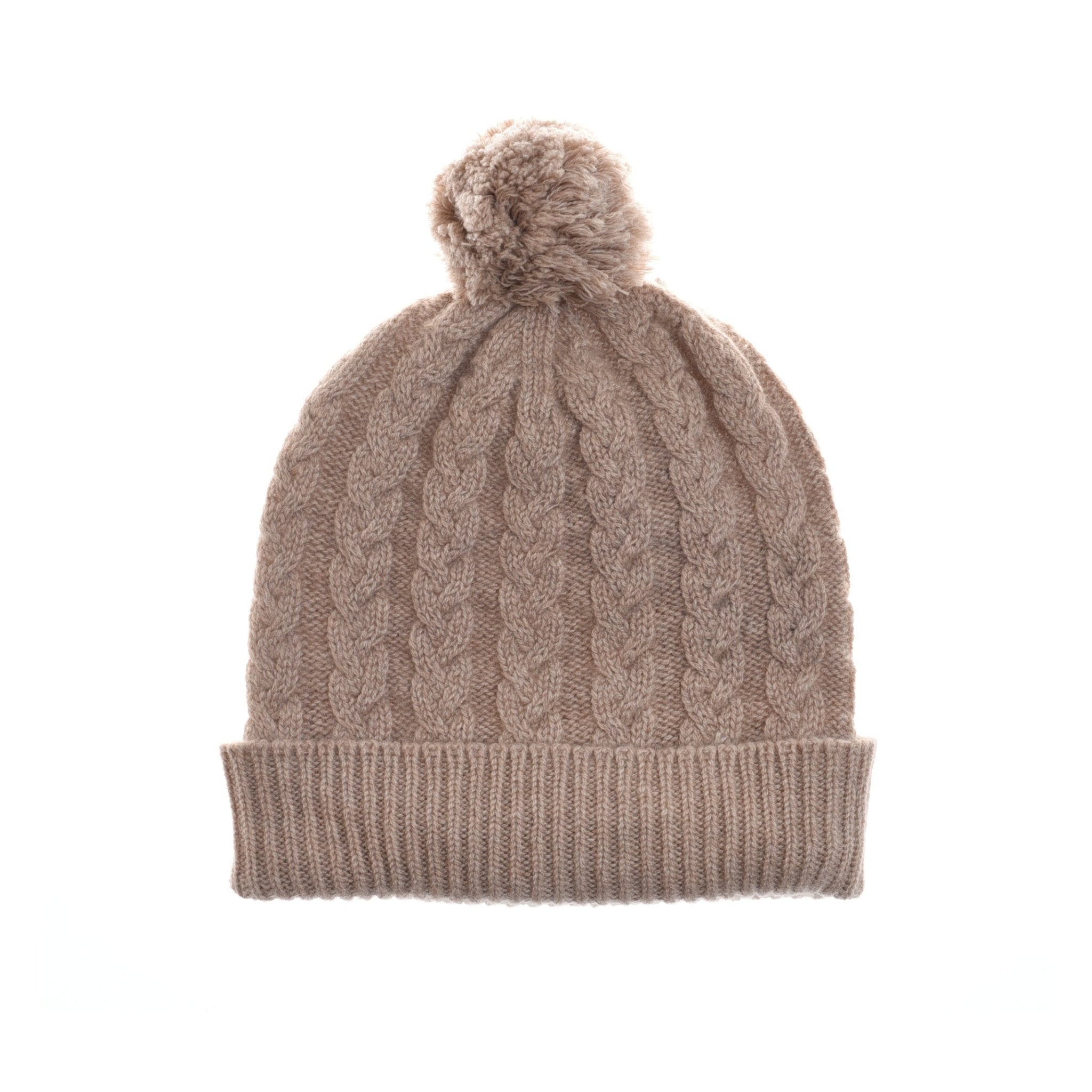 The Campbells of Beauly Chunky Cable Cashmere Hat with Pom Pom in Natural features a chunky cable knit, ribbed fold-over cuff, and pom-pom—an ideal winter accessory. Displayed on a white background.