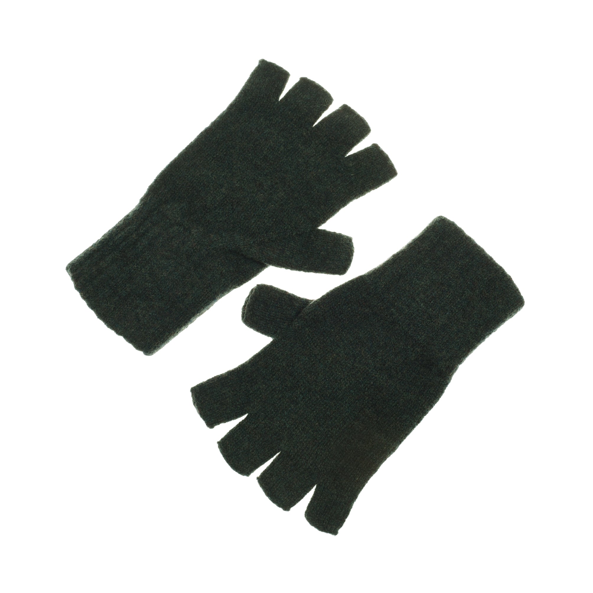 Campbells of Beauly Lambswool Half-Finger Gloves in pine, inspired by Scottish Borders knitwear, are shown on a white background.