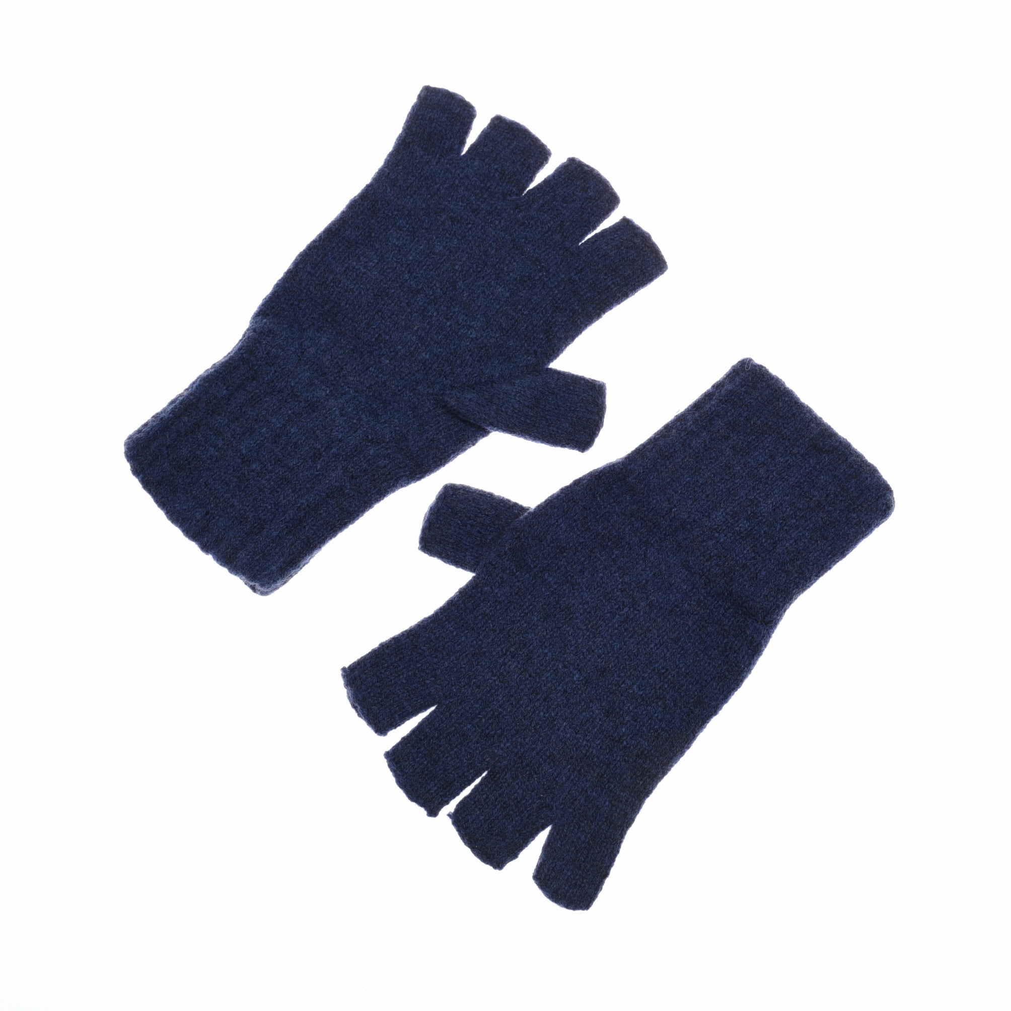 Campbells of Beauly Lambswool Half-Finger Gloves in Blue Mix, expertly crafted from soft knitwear in the Scottish Borders, displayed on a white background.