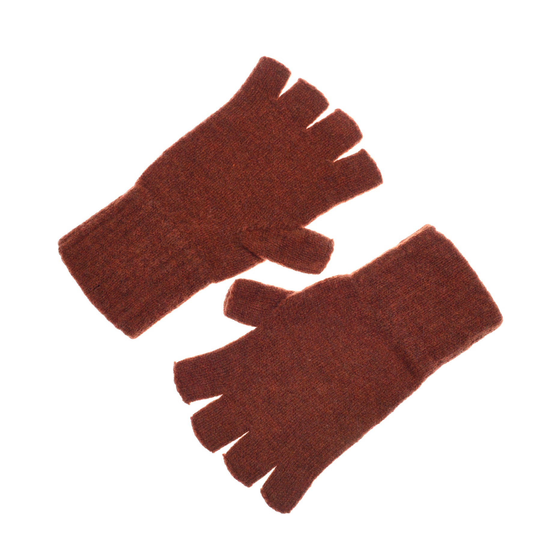 Campbell’s of Beauly Lambswool Half-Finger Gloves in rust, crafted in the Scottish Borders, laid flat on a white background.