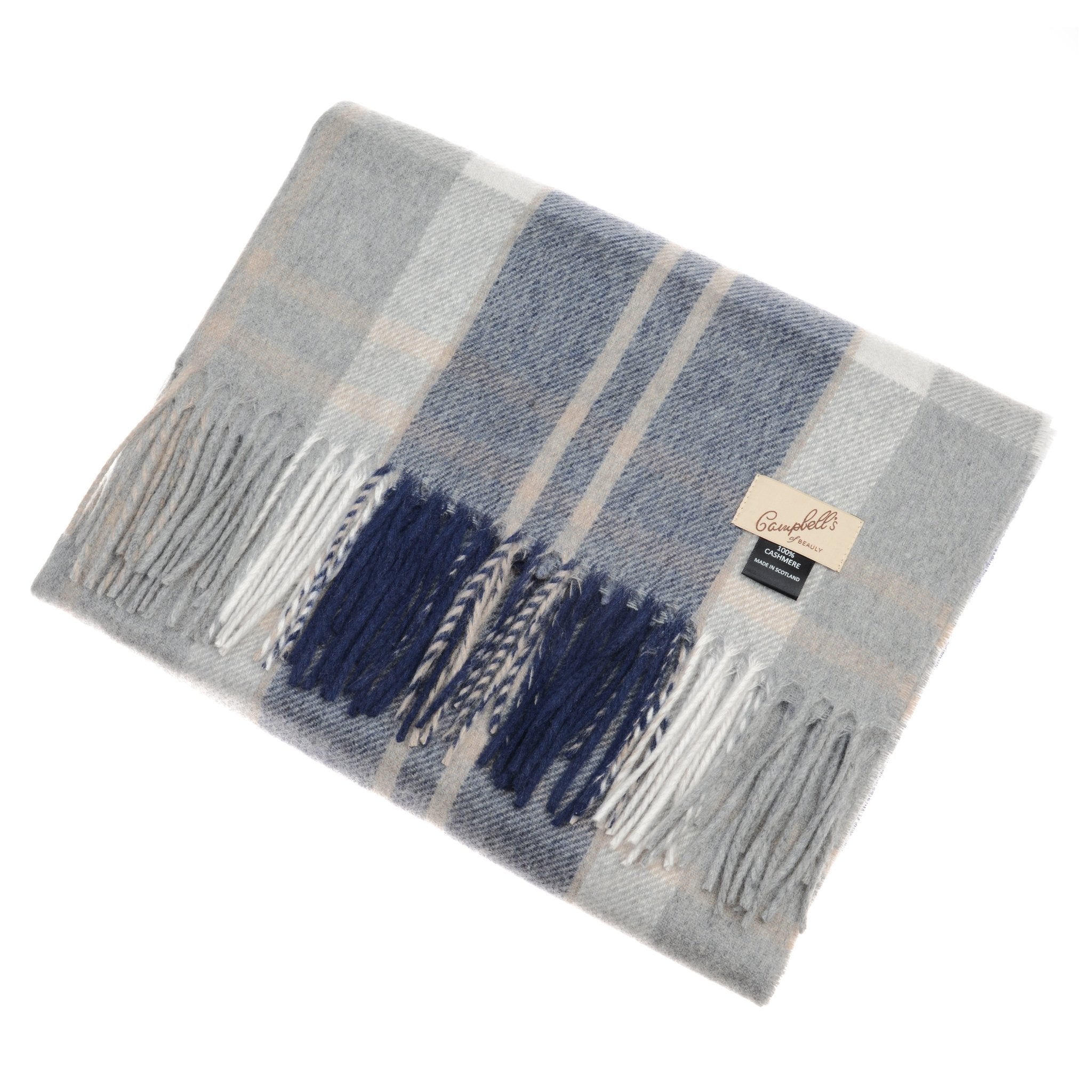 A folded, fringed Cashmere Wide Tartan Scarf in blue, gray, and white plaid from Campbells of Beauly, inspired by the timeless style of the Scottish Borders.