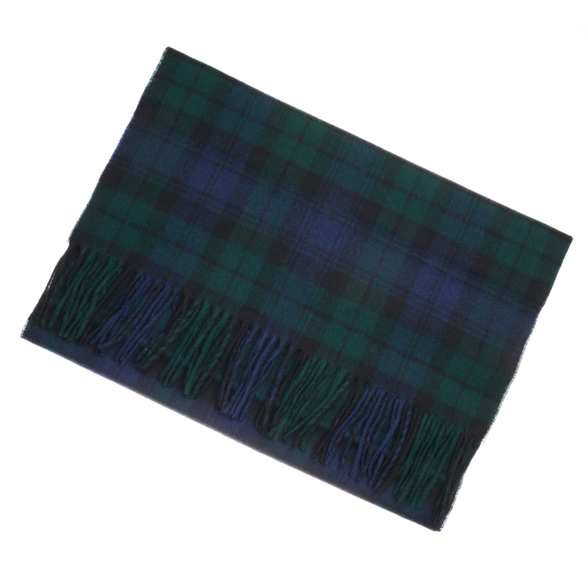 The Cashmere Wide Tartan Scarf by Campbells of Beauly features a green and blue tartan plaid with fringed edges, inspired by the Scottish Borders.