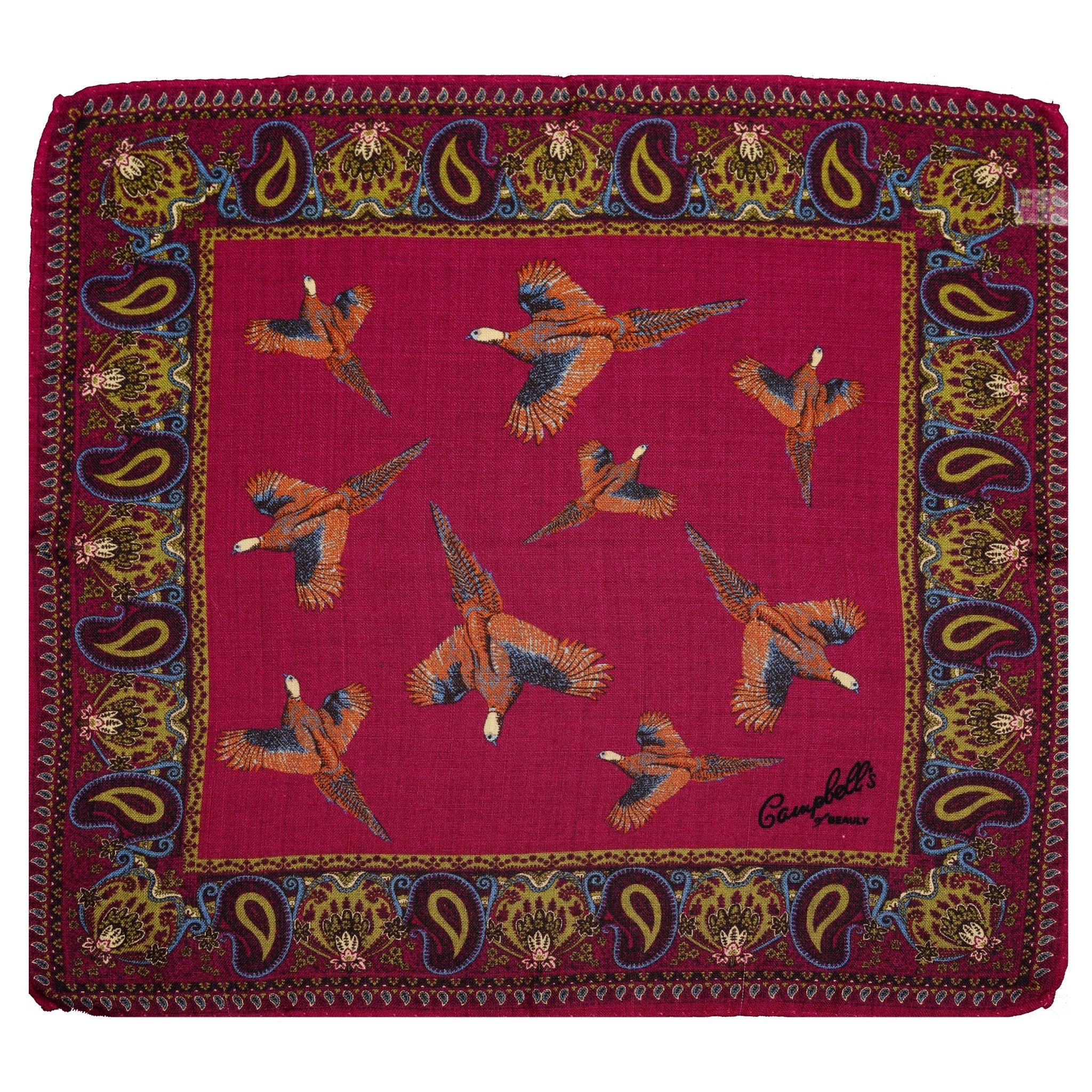 A purple Wool & Silk Hank by Campbells of Beauly, featuring paisley borders, seven flying pheasants at the center, hand-rolled edges, and a Campbells signature in one corner.