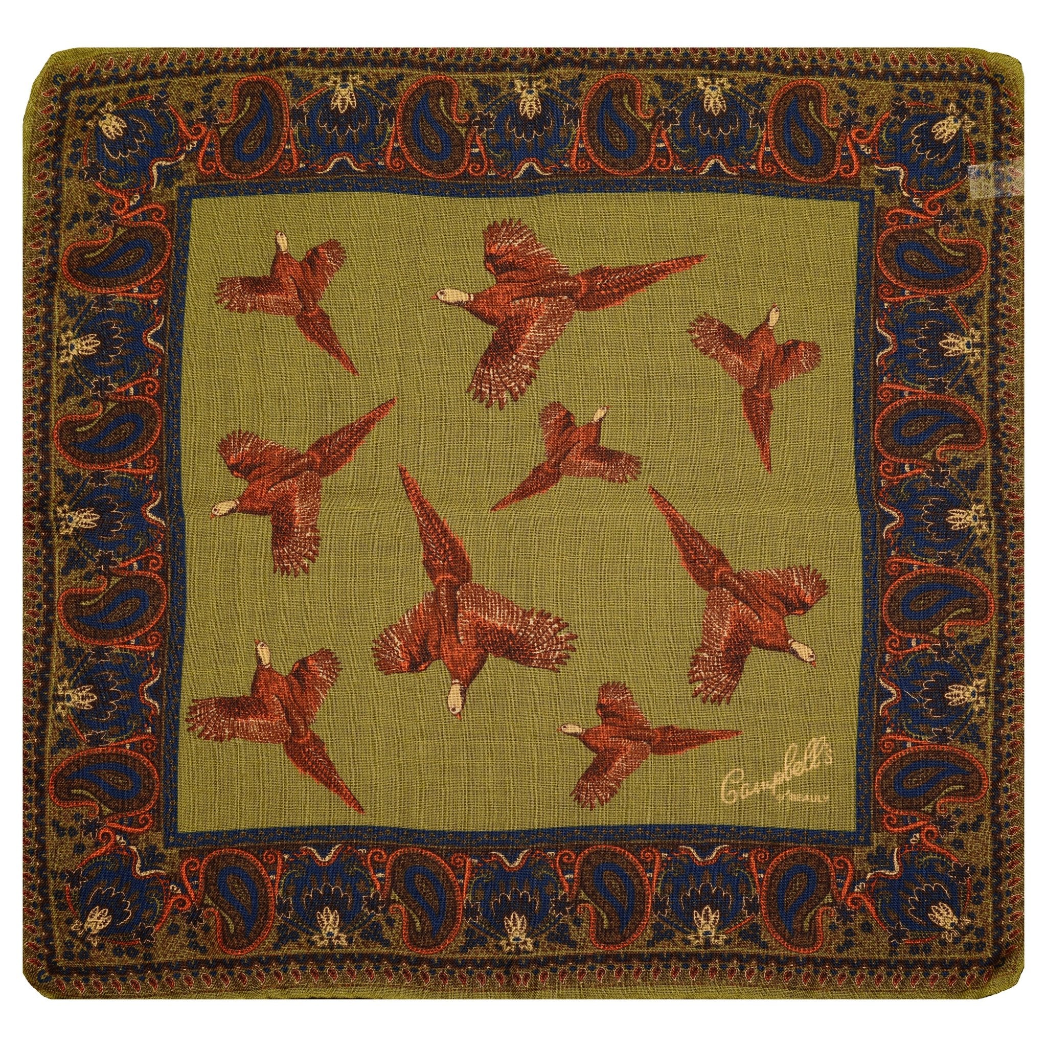 The Wool & Silk Scarf by Campbells of Beauly is olive-green with eight red-brown pheasants in flight, a navy and red paisley border, and the brand’s signature with Made in Scotland in the lower right corner—a true luxury accessory.