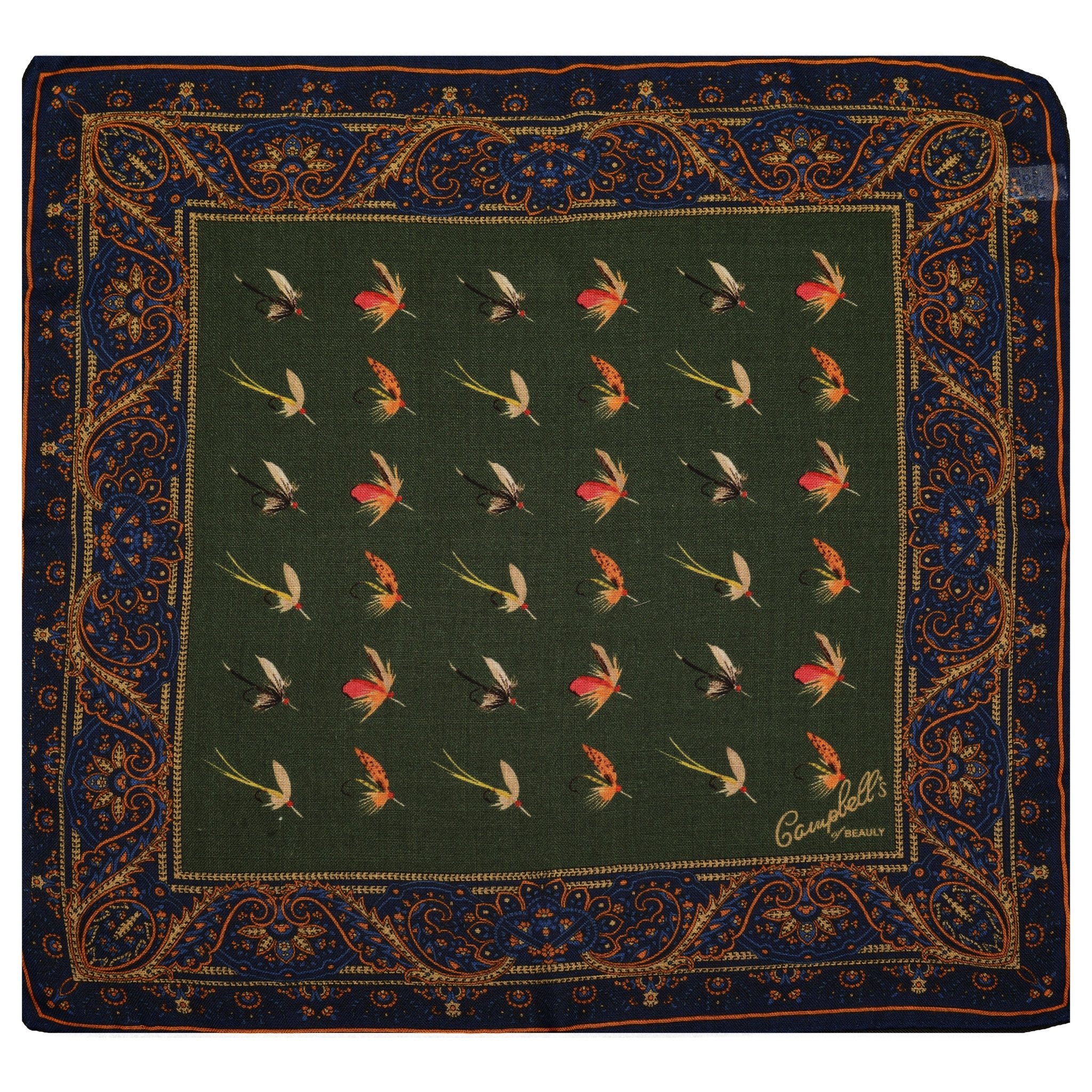 A luxury piece from Campbells of Beauly, this green Wool & Silk Scarf features colorful fishing fly motifs and blue and gold paisley accents—a striking display of Italian craftsmanship with Genevieve’s signature in the corner.