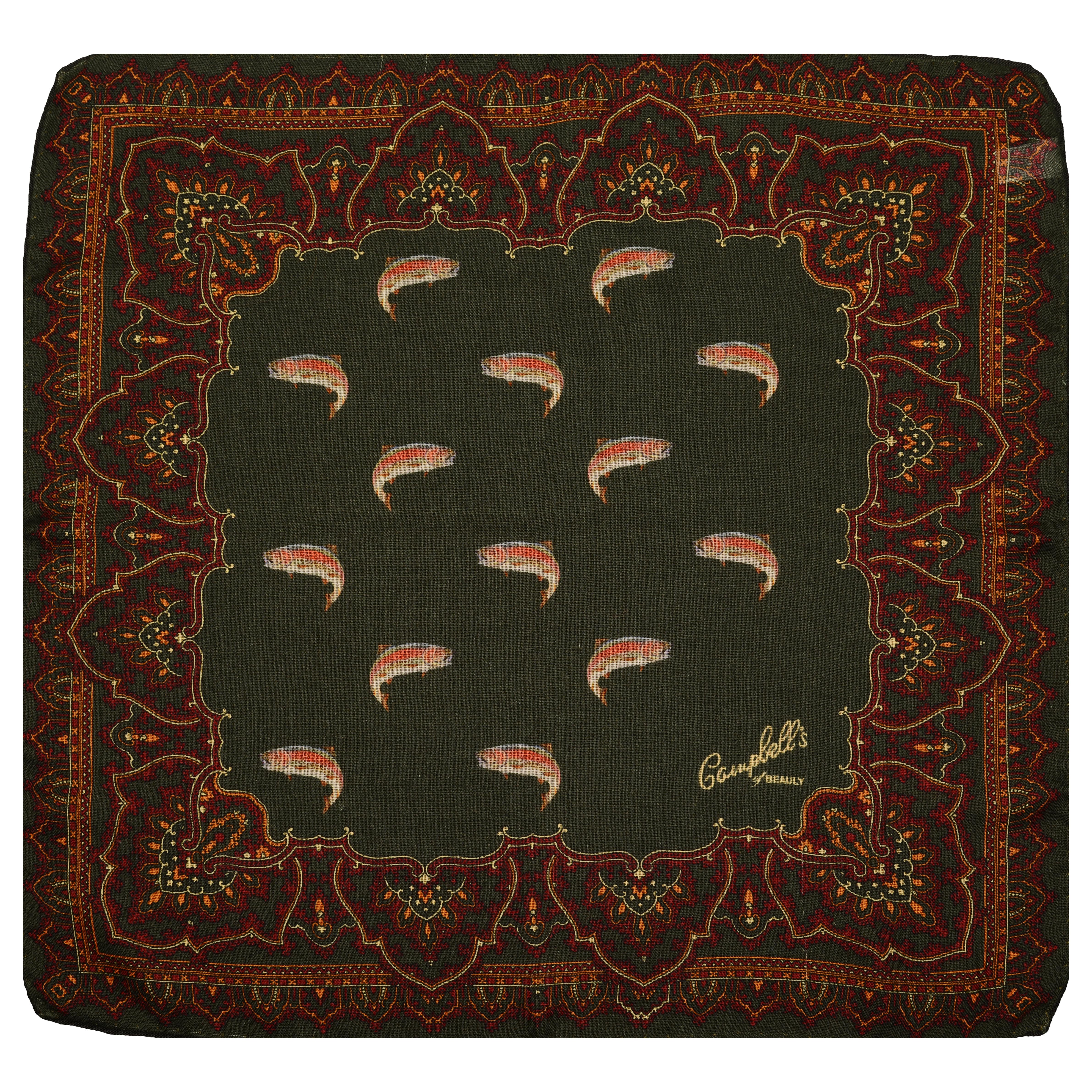 The Wool & Silk Hank by Campbells of Beauly is a dark green pocket square with a red, gold, and green paisley border, featuring illustrated trout heads in the center and hand-rolled edges with Campbells Efficiently handwritten.