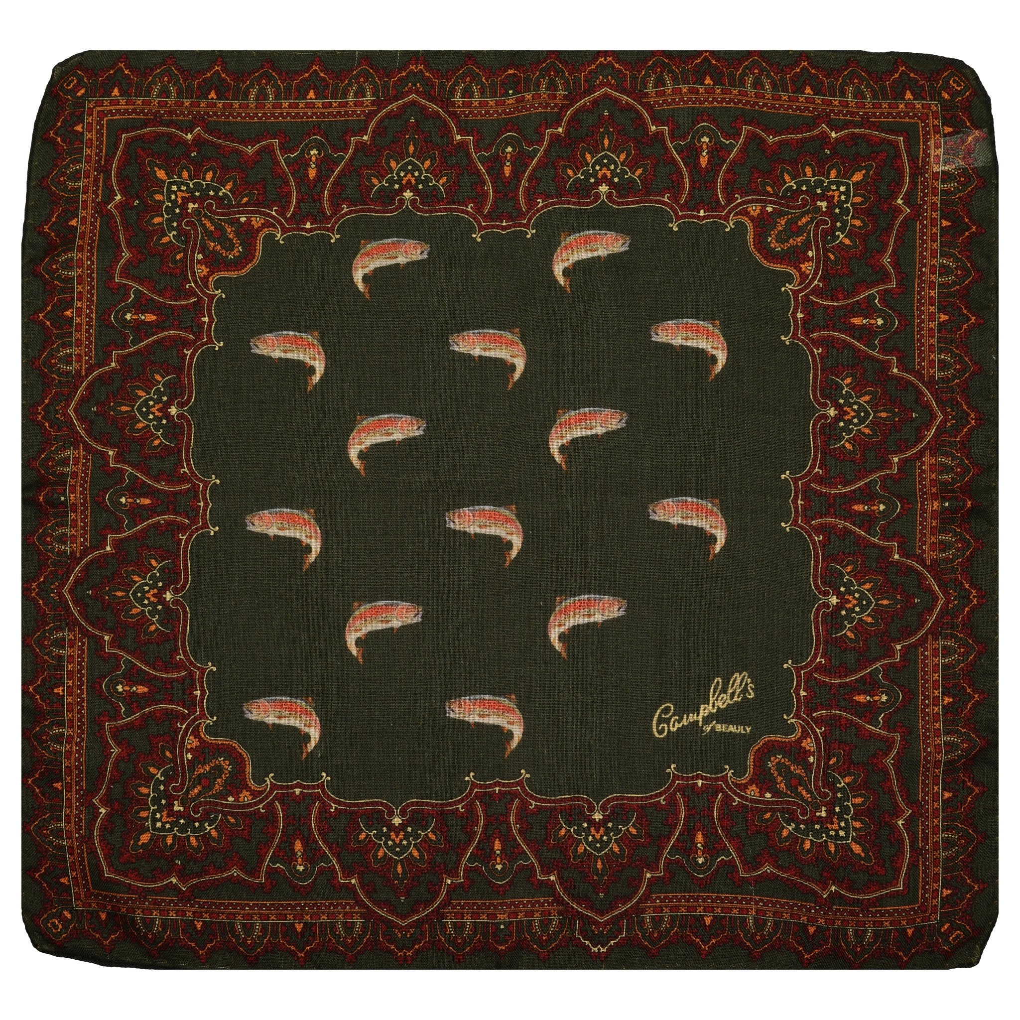 The Wool & Silk Hank by Campbells of Beauly is a green square pocket square with a red and gold ornate border, trout fish motifs, hand-rolled edges, and Campbells of Beauly in gold script in one corner.