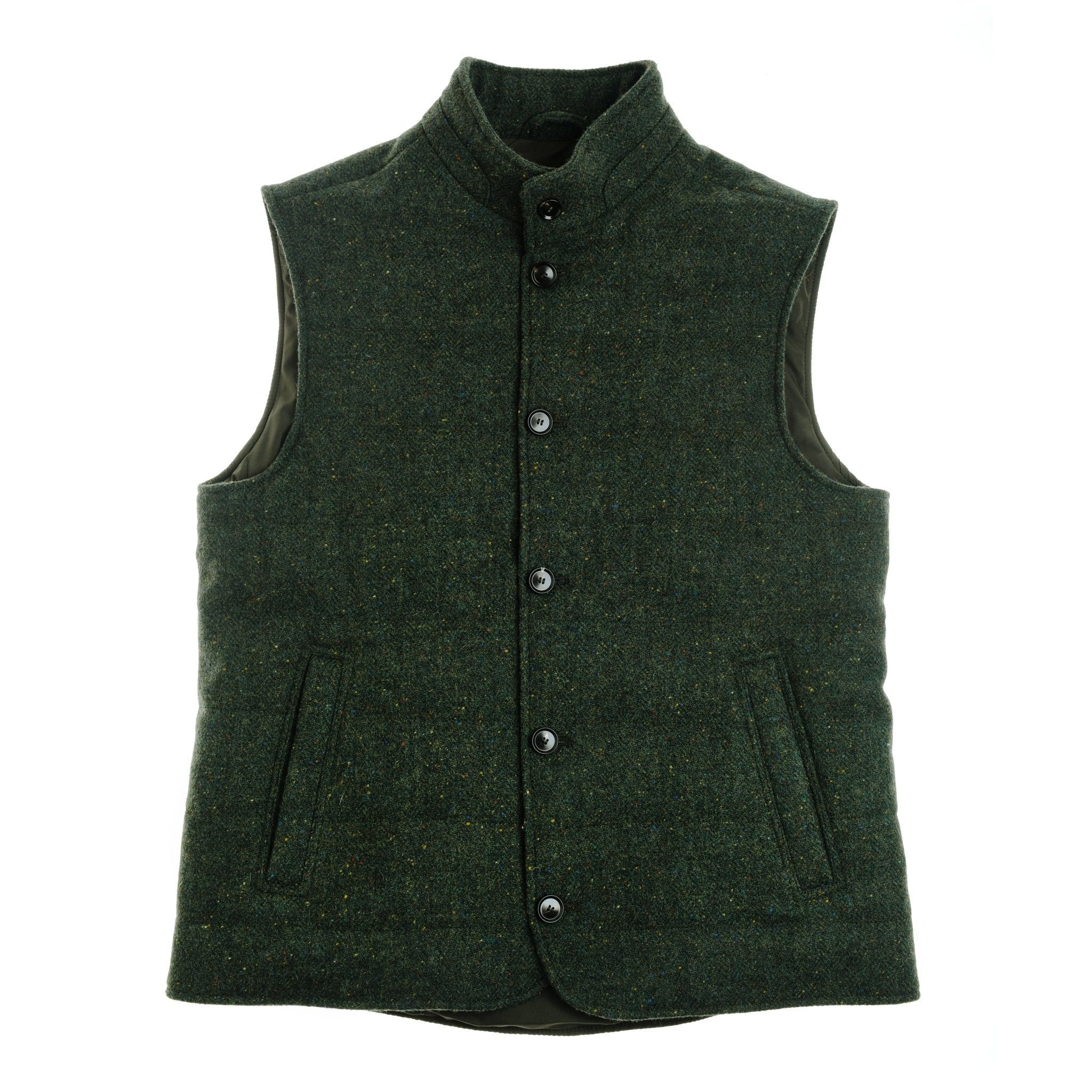 The Campbells of Beauly Donegal Lambswool Green Quilted Gilet features a sleeveless design, high collar, button-up front, and two slanted pockets—perfect for modern country style—shown laid flat on a white background.