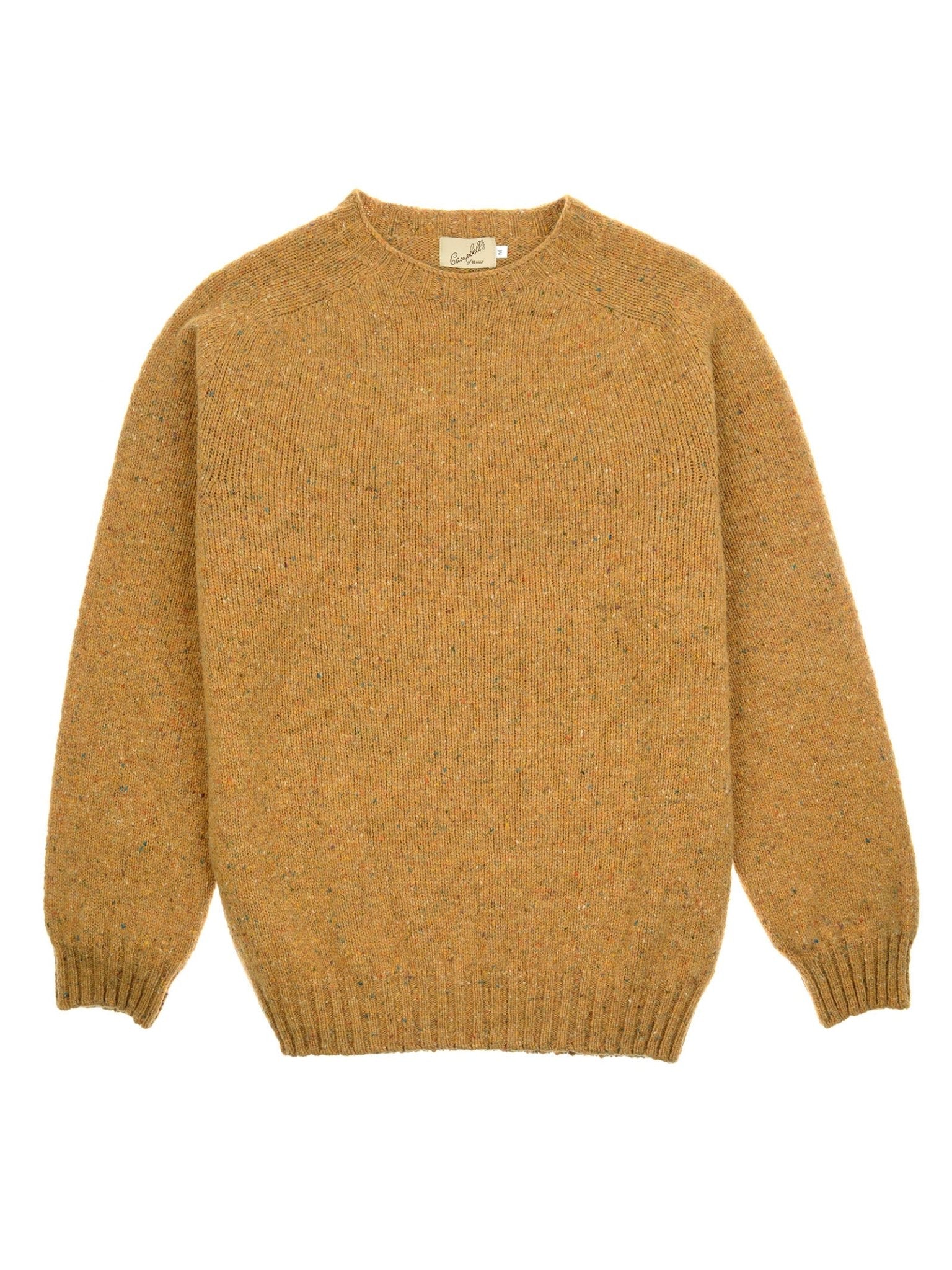 A mustard yellow, long-sleeved Campbell's of Beauly Donegal Lambswool Crew Neck Jumper with ribbed cuffs, hem, and neckline—Scottish knitwear made from soft lambswool, shown laid flat on a white background.