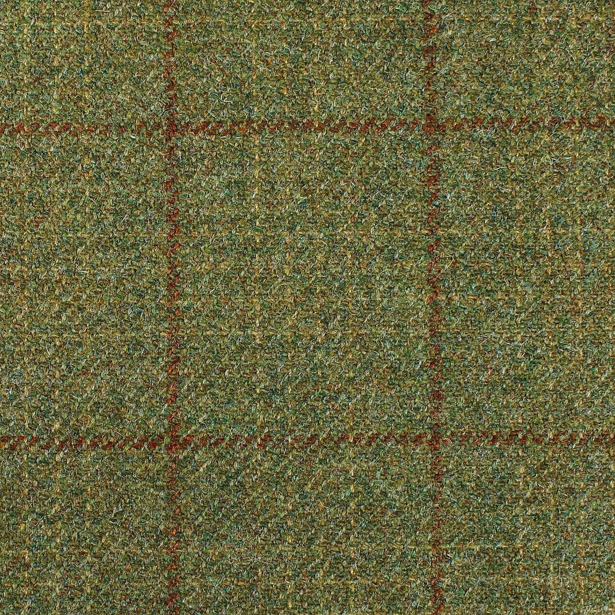 Estate Tweed 058 green heavyweight wool fabric in an estate tweed pattern with a subtle rust orange windowpane check.