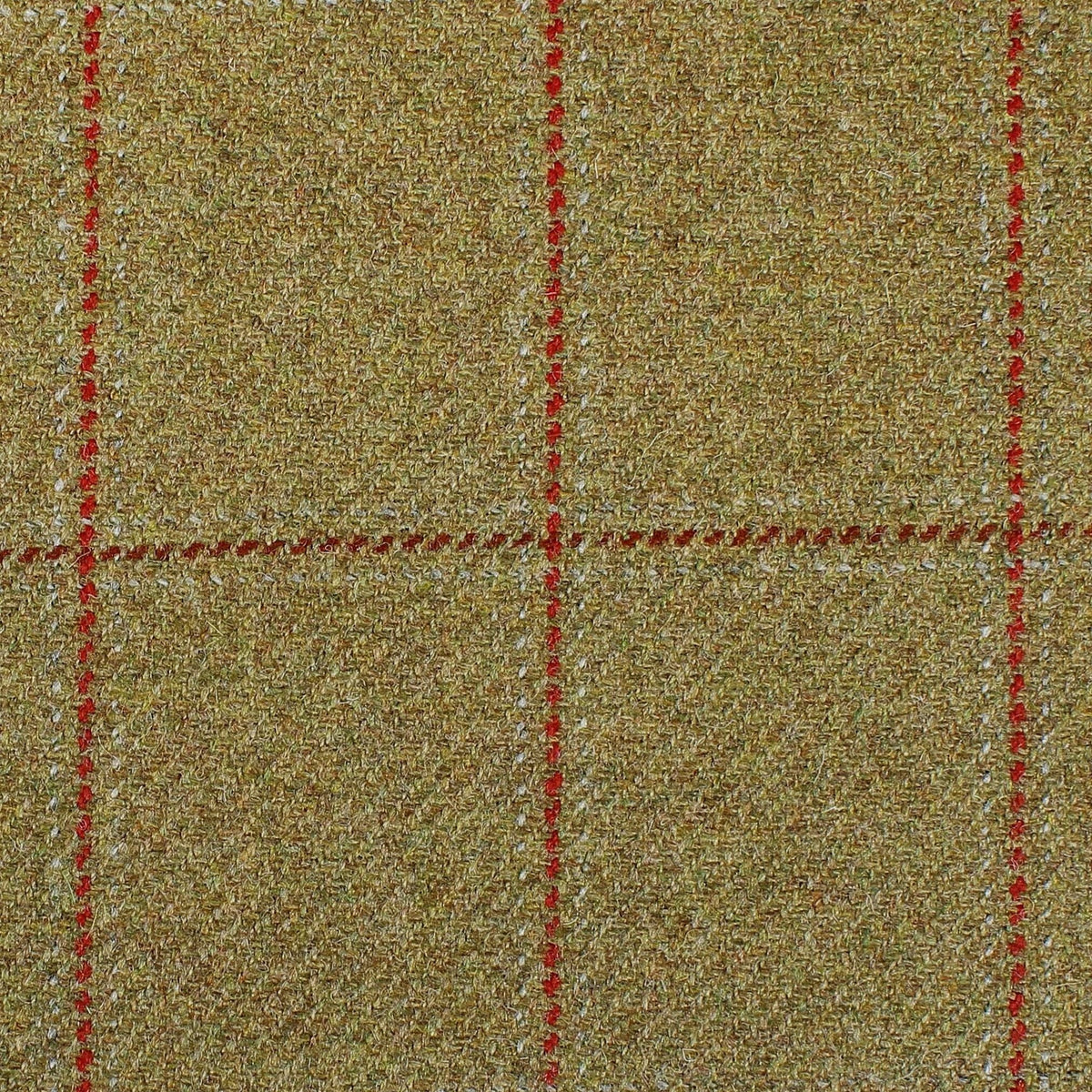 Estate Tweed 062 is a heavyweight wool fabric in olive green with a red and light-colored windowpane check pattern.