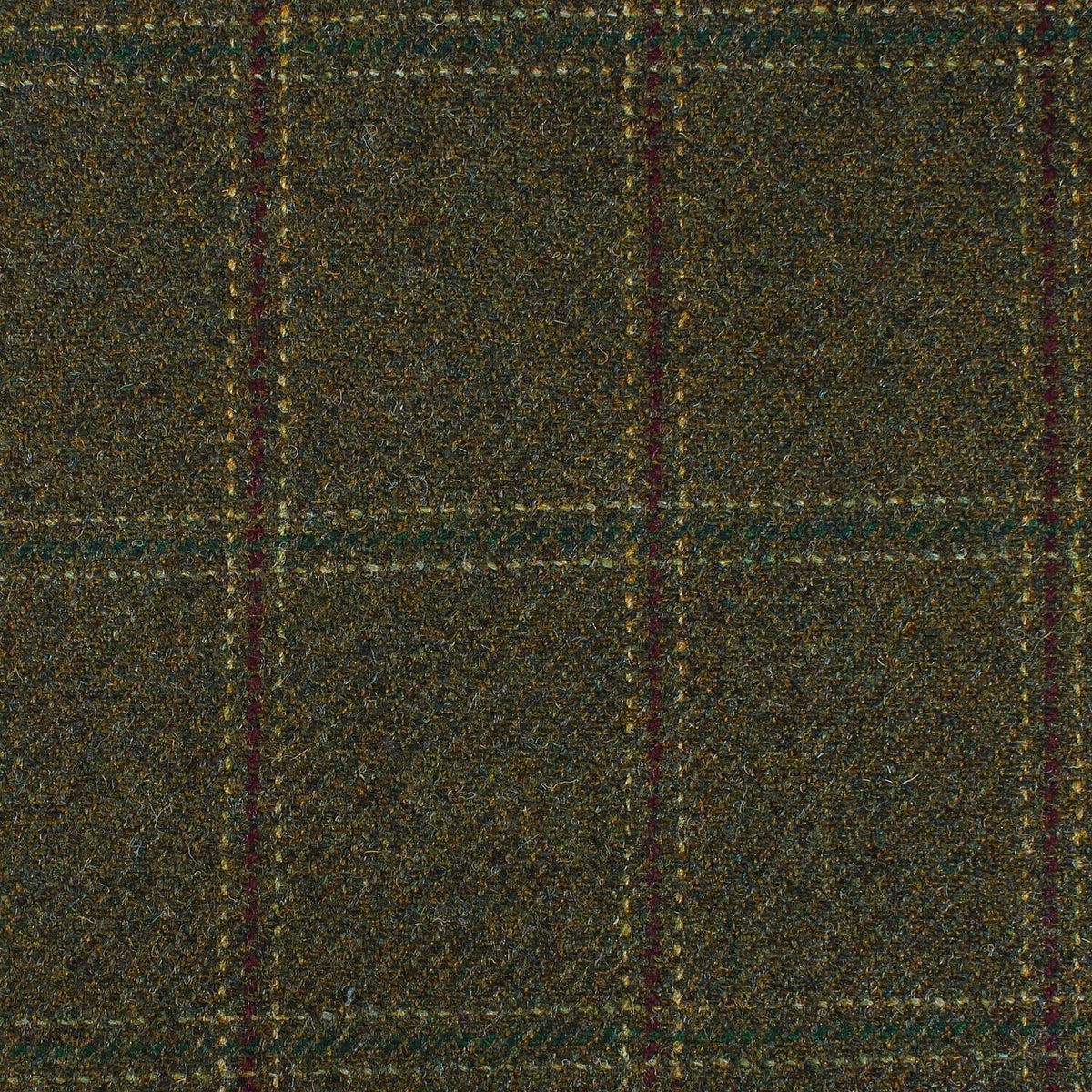 Lovat Mill Estate Tweed 074 heavyweight olive green estate tweed fabric featuring a dark red and yellow windowpane check pattern.