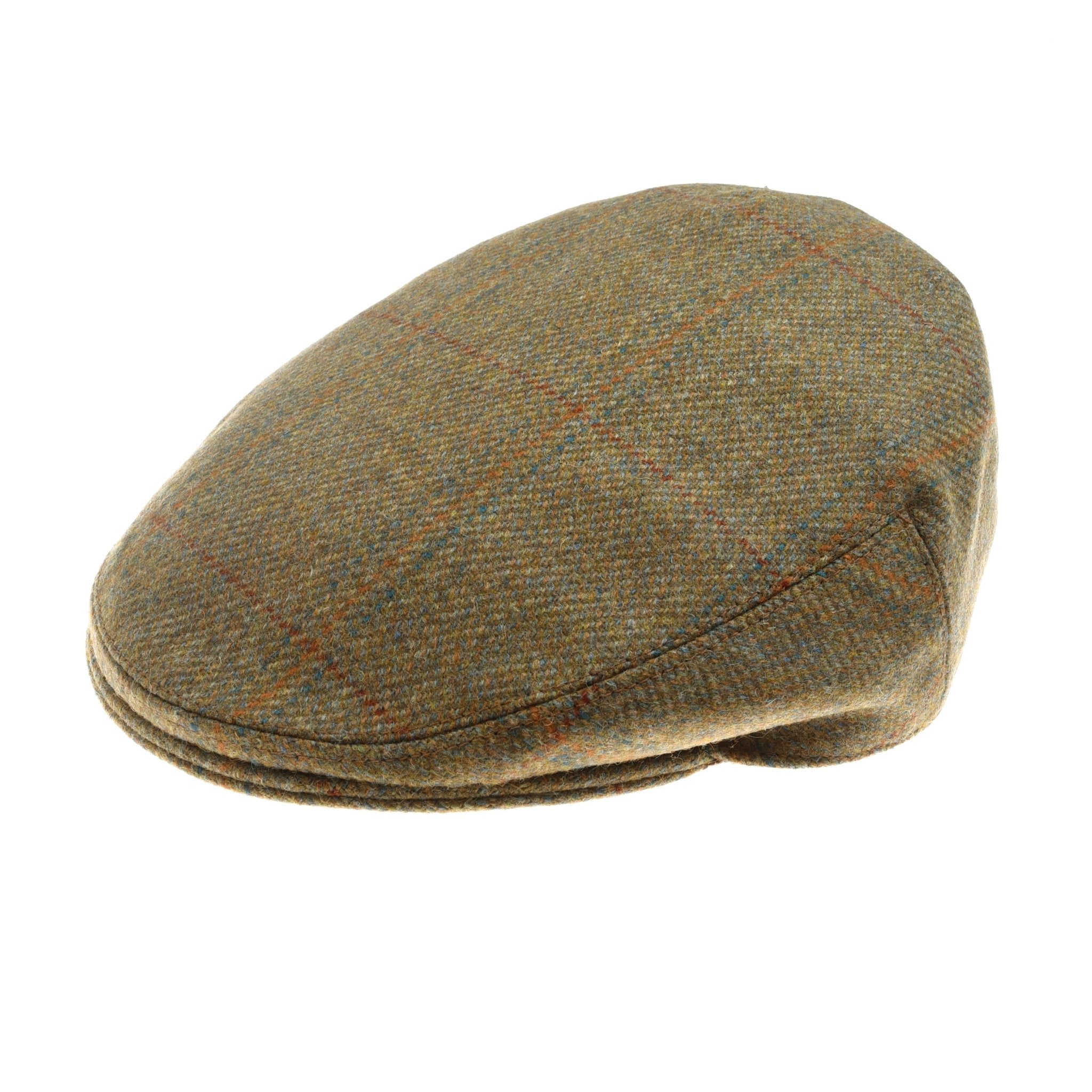 The Auld Stock Conon Cap by Campbell's of Beauly features FH300 brown tweed with a subtle plaid of green and orange lines, a rounded flat top, and a small stiff brim for classic British style.