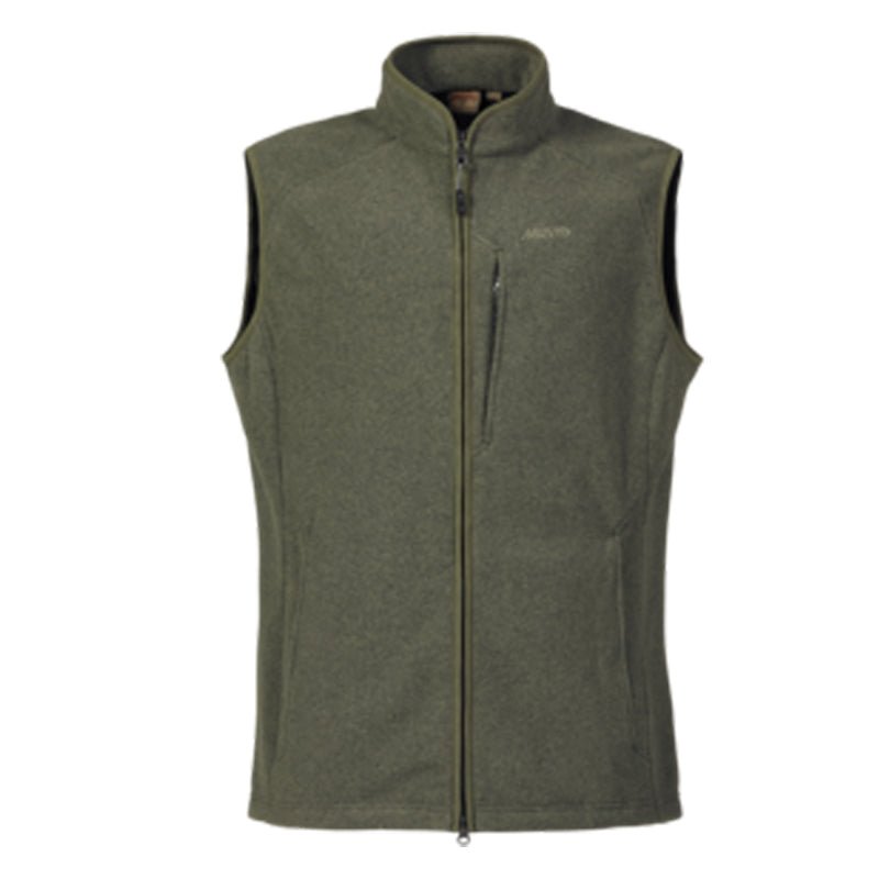 The Musto Fenland Polartec® Vest is a sleeveless olive green fleece with a front zipper, high collar, and zippered chest pocket—perfect for lightweight layering. Features the Musto logo on the upper left chest.