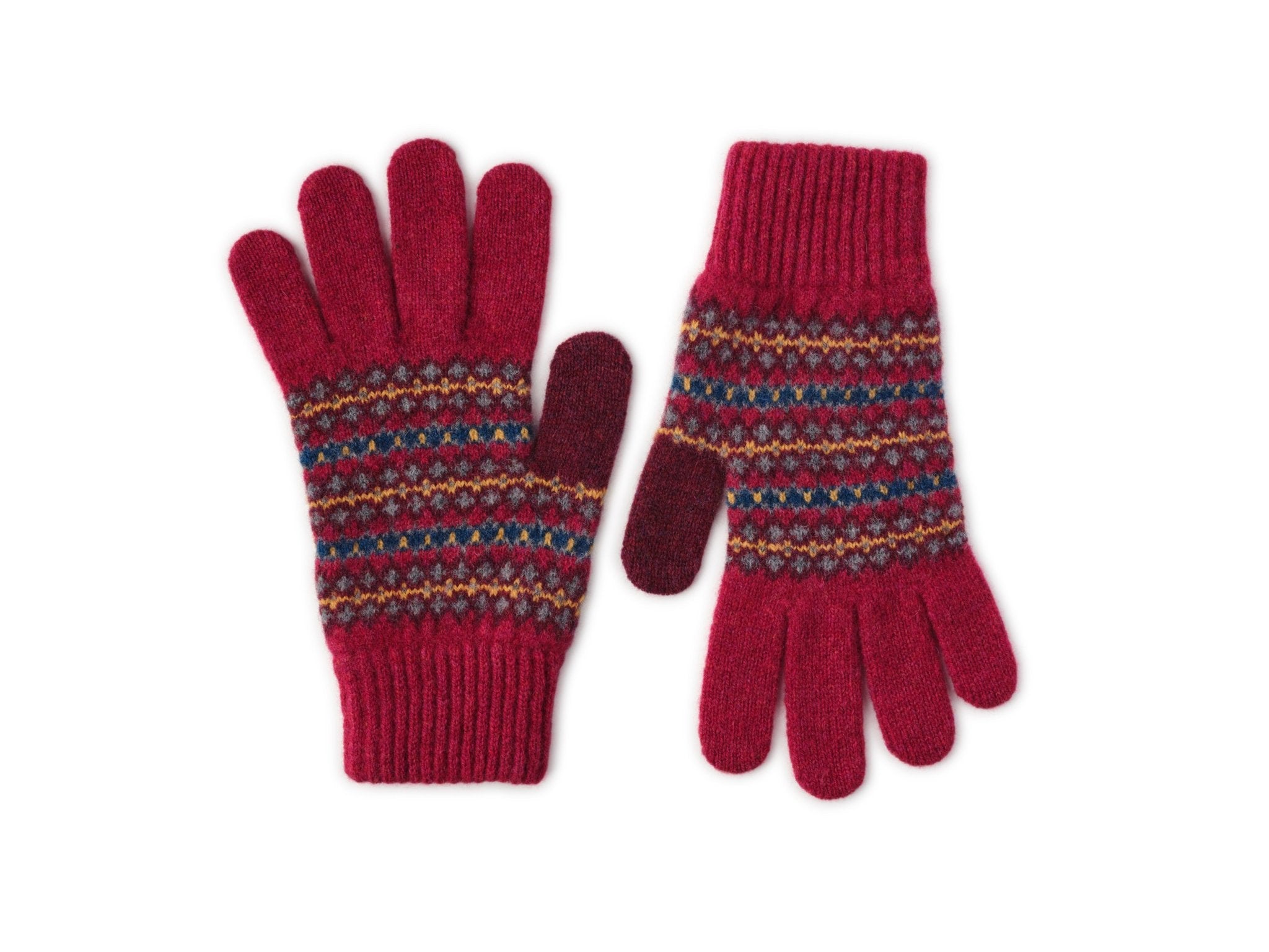 Campbells of Beauly Fairisle Gloves in Rouge lambswool, featuring a vibrant traditional Scottish pattern across the back, displayed on a white background.