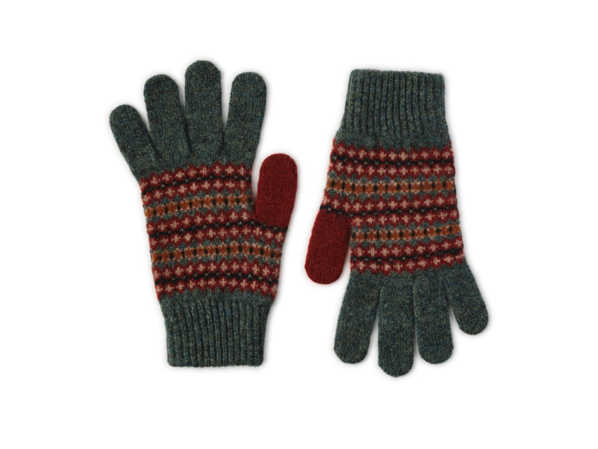 Campbells of Beauly Fairisle Gloves in Loden feature red, brown, and white Fairisle patterns, solid red thumbs, and ribbed cuffs. The knitted lambswool gloves are shown laid flat on a white background.