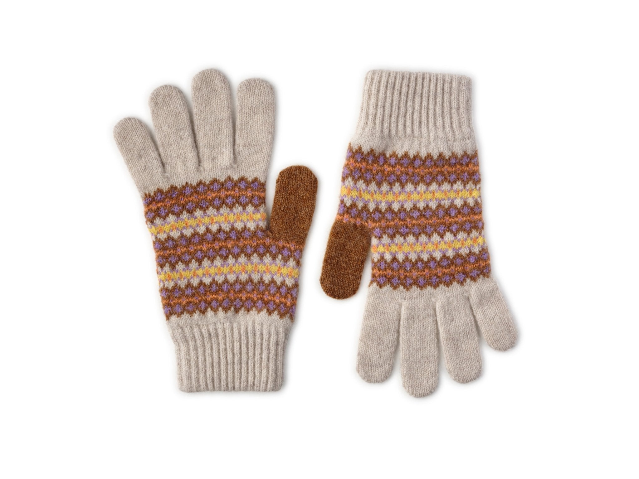 Campbells of Beauly Fairisle Gloves in cream feature a classic Fairisle pattern with brown, yellow, and purple accents plus a contrasting brown thumb. Shown flat on a white background, they’re inspired by Scottish Borders heritage.