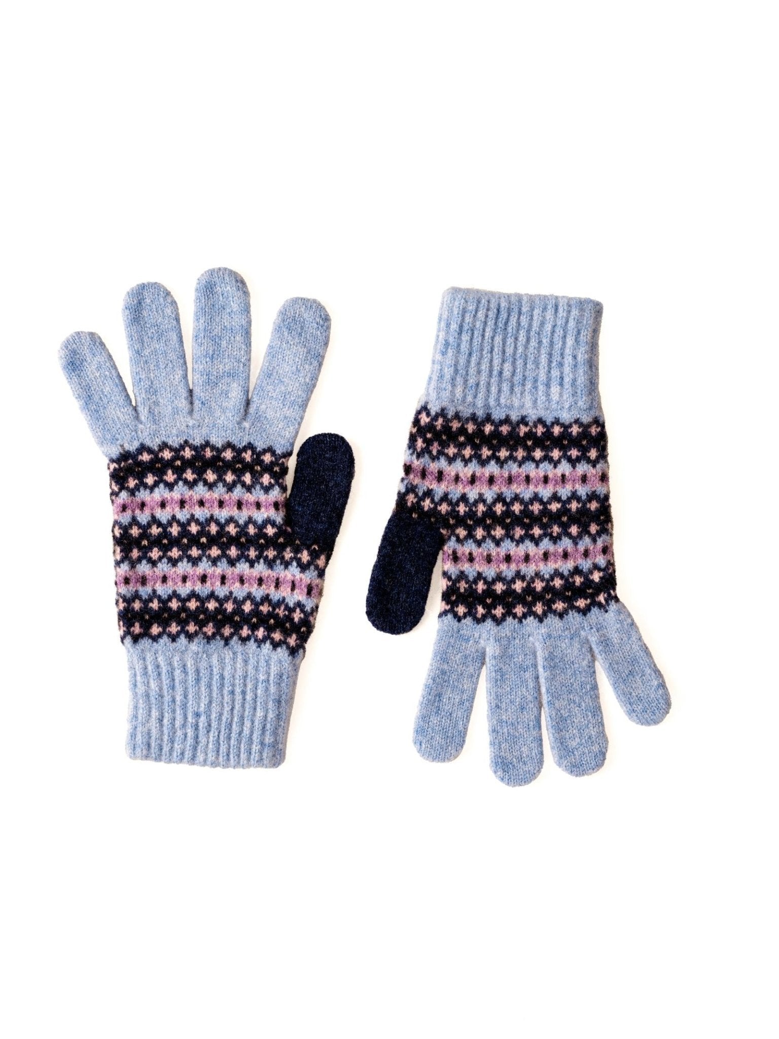 Campbells of Beauly Fairisle Gloves in Bluebell feature a navy, white, pink, and purple Fairisle pattern with light blue fingers and cuffs plus dark navy thumbs— a cozy winter essential.