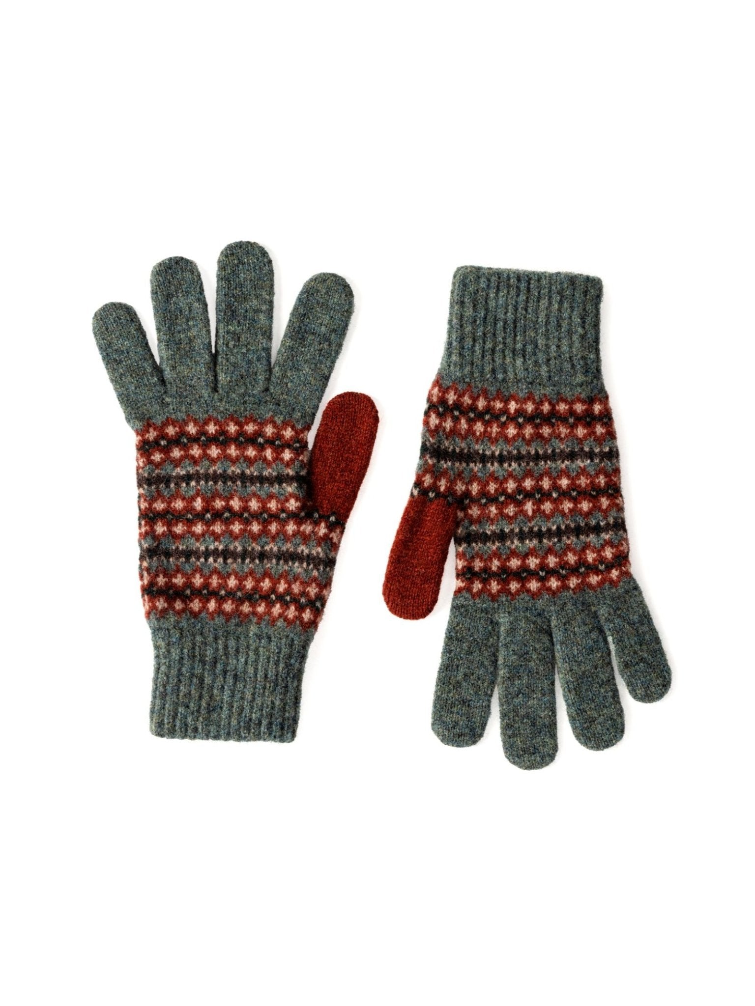 Campbell's of Beauly Fairisle Gloves are lambswool, featuring a gray base with red, white, and black Fairisle pattern. One glove has a solid red thumb; both have ribbed cuffs for a classic Scottish Borders-inspired look.