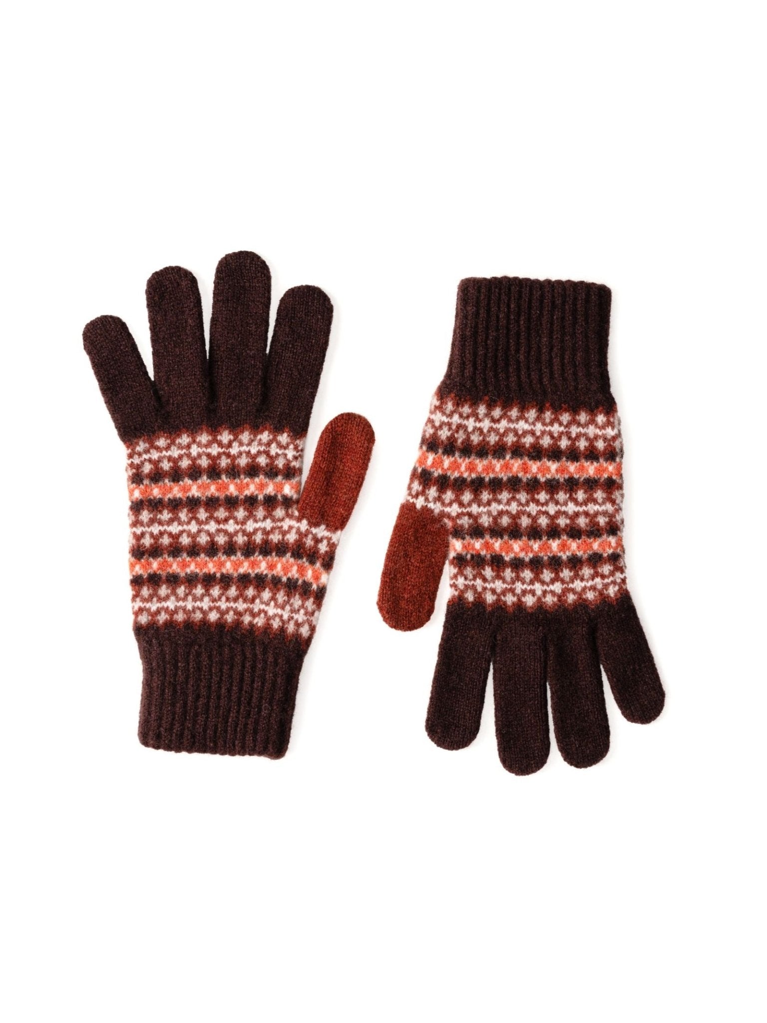 The Fairisle Gloves by Campbell’s of Beauly feature a Bordeaux base with a red, white, and pink Fairisle pattern and solid red thumbs—perfect for adding Scottish Borders charm to your winter wardrobe.